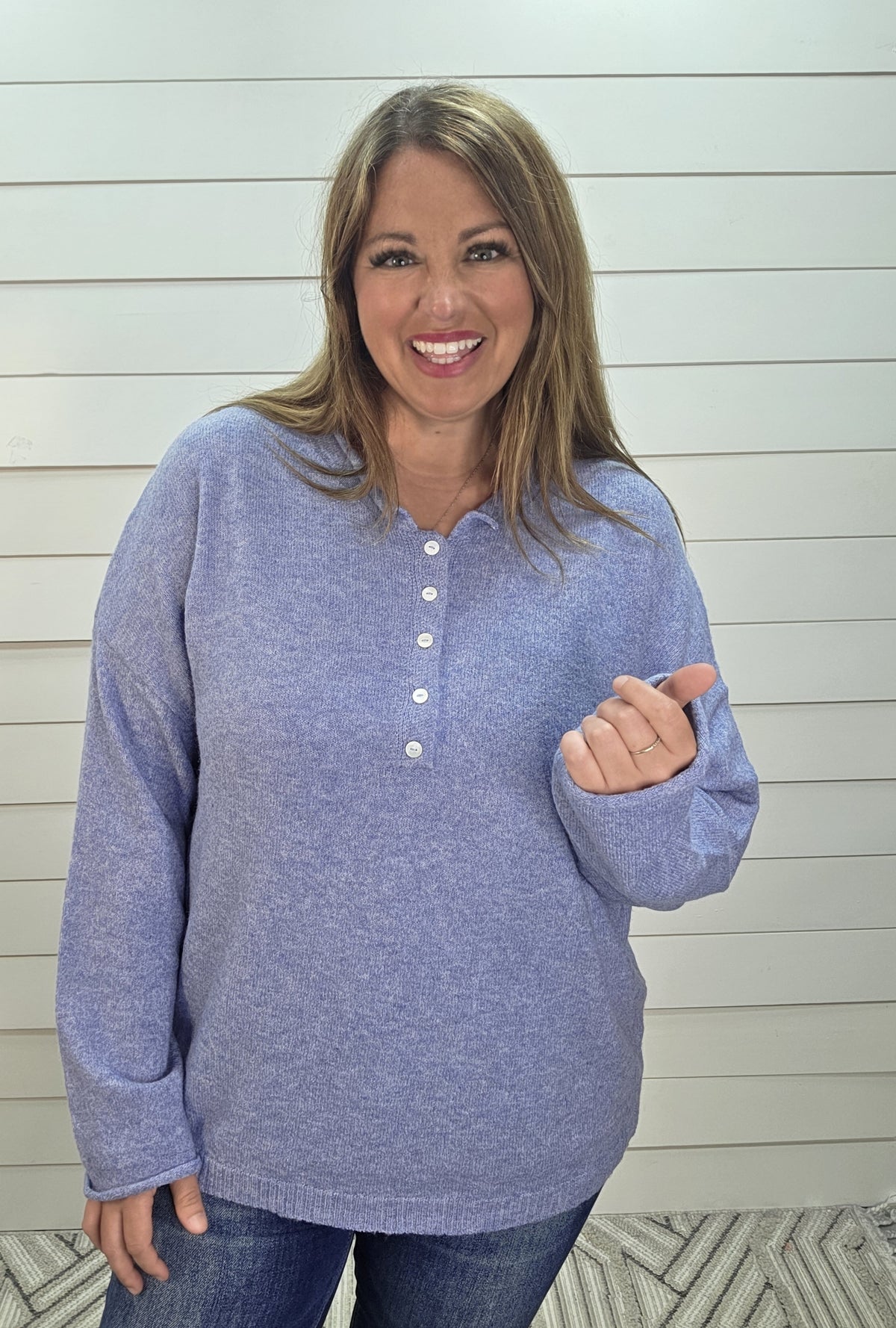 DENIM Raw Rolled Edge Henley Relaxed Pullover Sweater