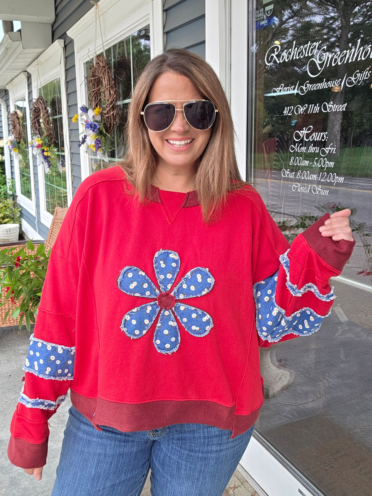 RED DENIM FLORAL FRENCH TERRY KNIT TOP
