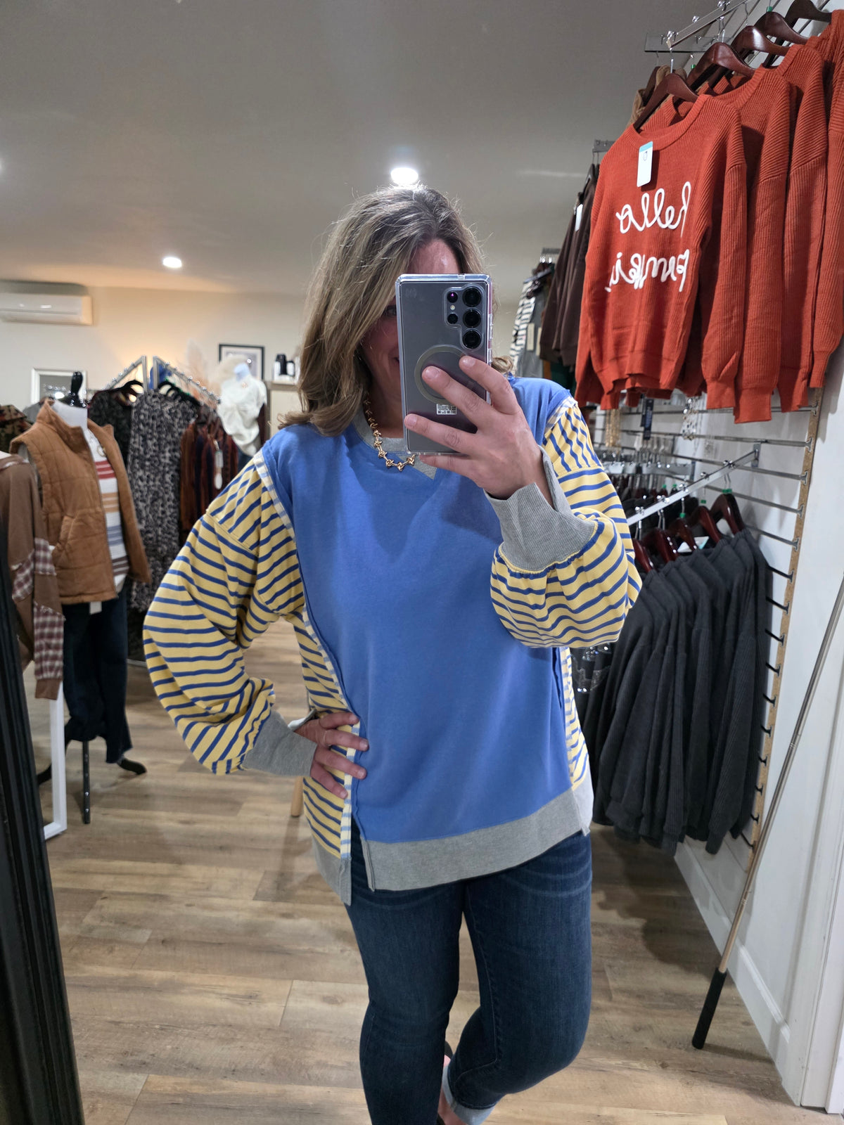 BLUE/STRIPED CONTRAST FRENCH TERRY TOP
