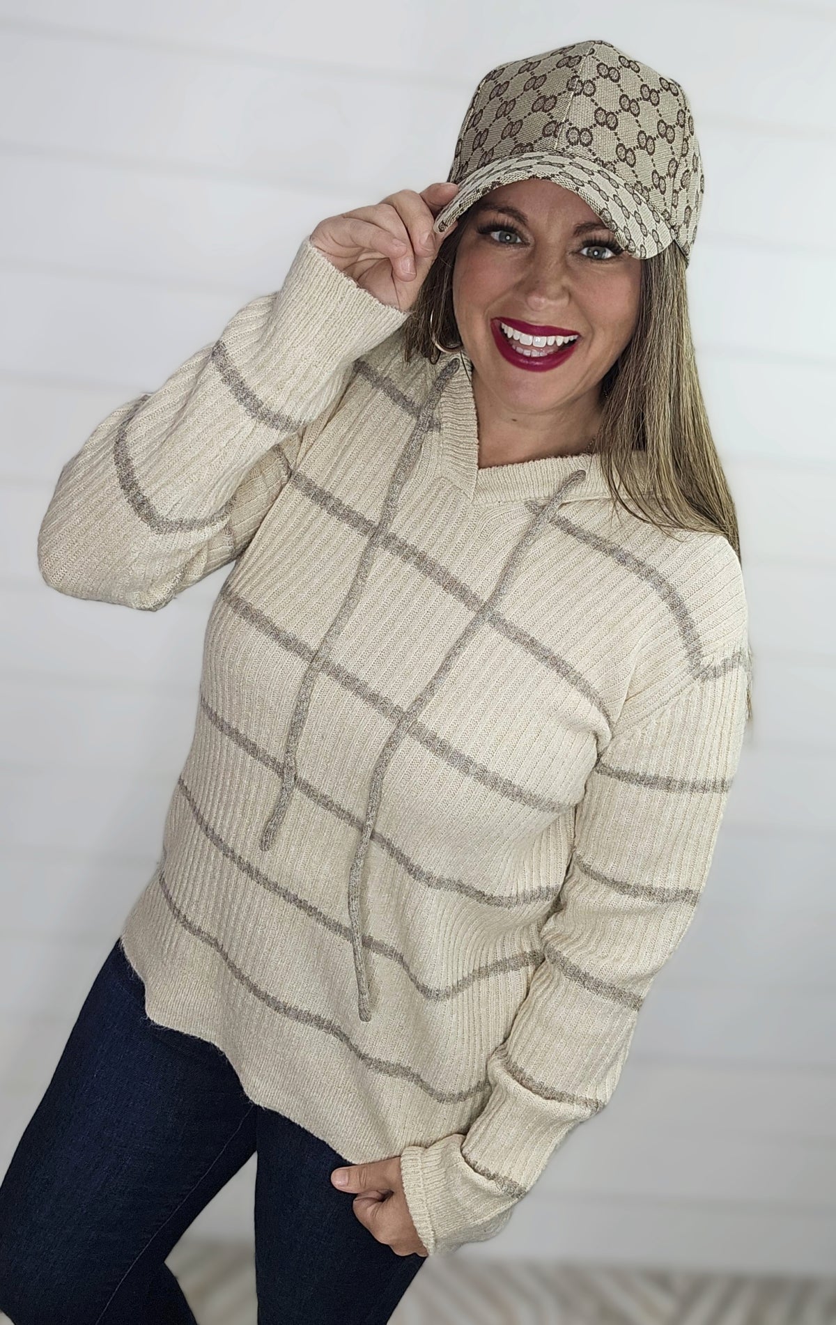 OATMEAL HOODED RIBBED STRIPED SWEATER PULLOVER