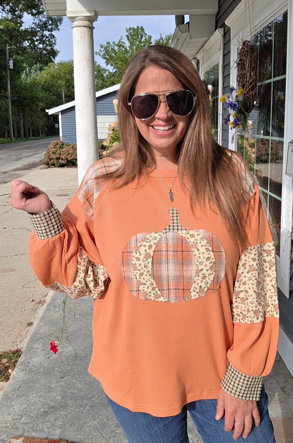 RUST Round Neck Plaid Check Floral Print Pumpkin long Sleeve Thermal Knit
