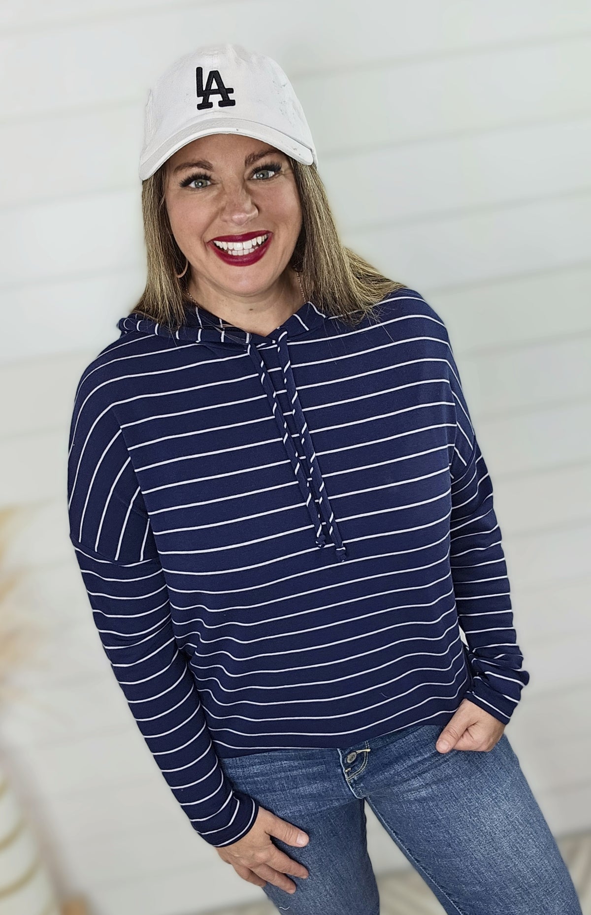 NAVY PIN STRIPED FRENCH TERRY HOODIE