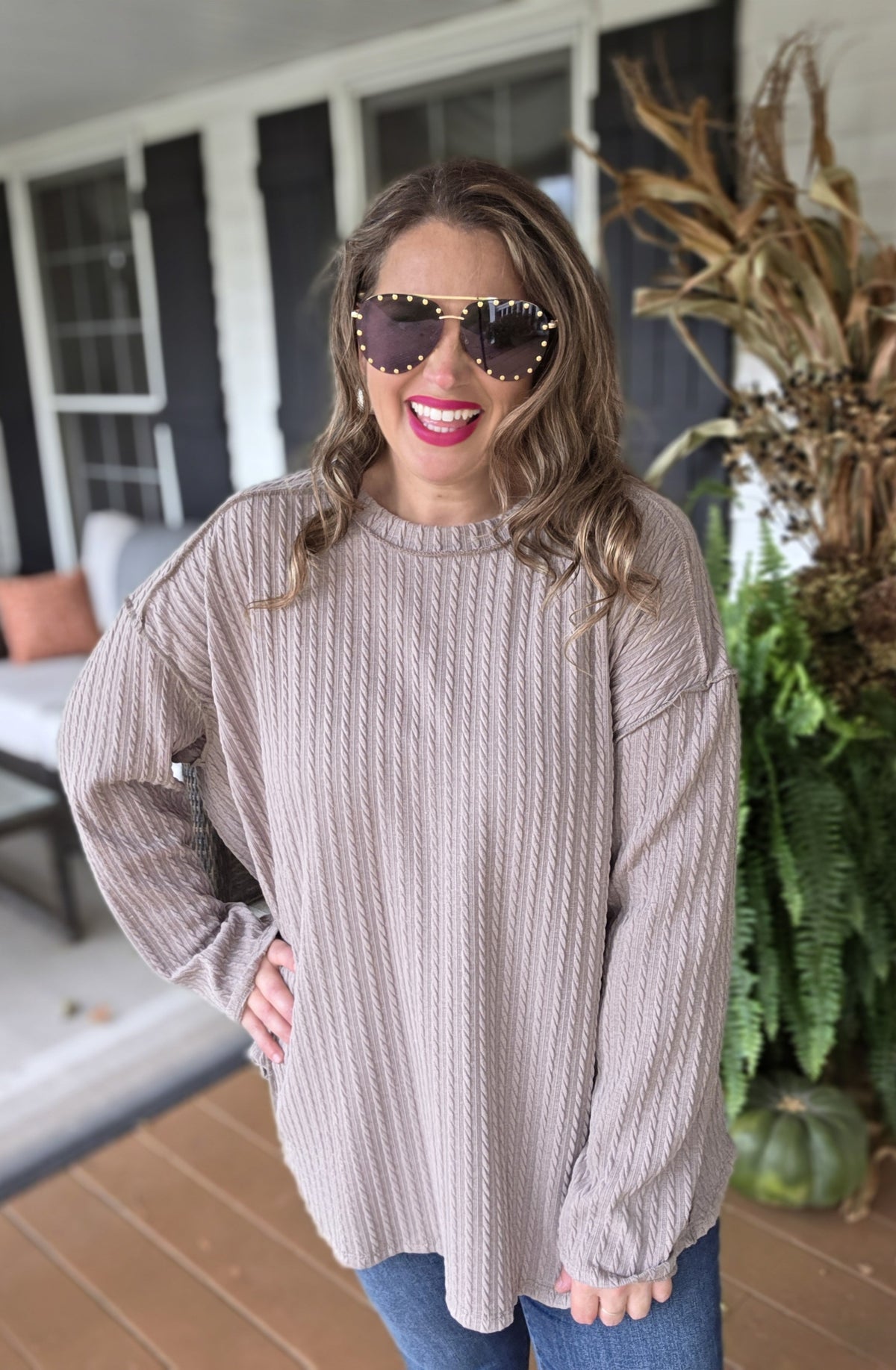 LT BROWN TEXTURED CREW NECK KNIT TOP