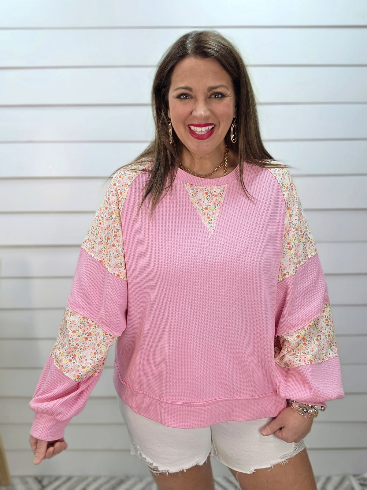 PINK WAFFLE TEXTURE FLORAL CONTRAST KNIT TOP