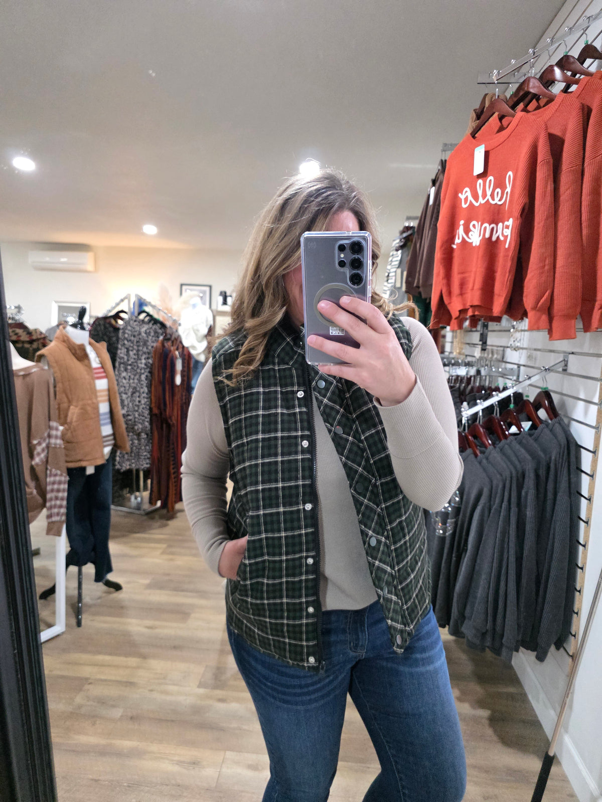 DK GREEN CHECK PLAID SNAP/ZIPPER VEST