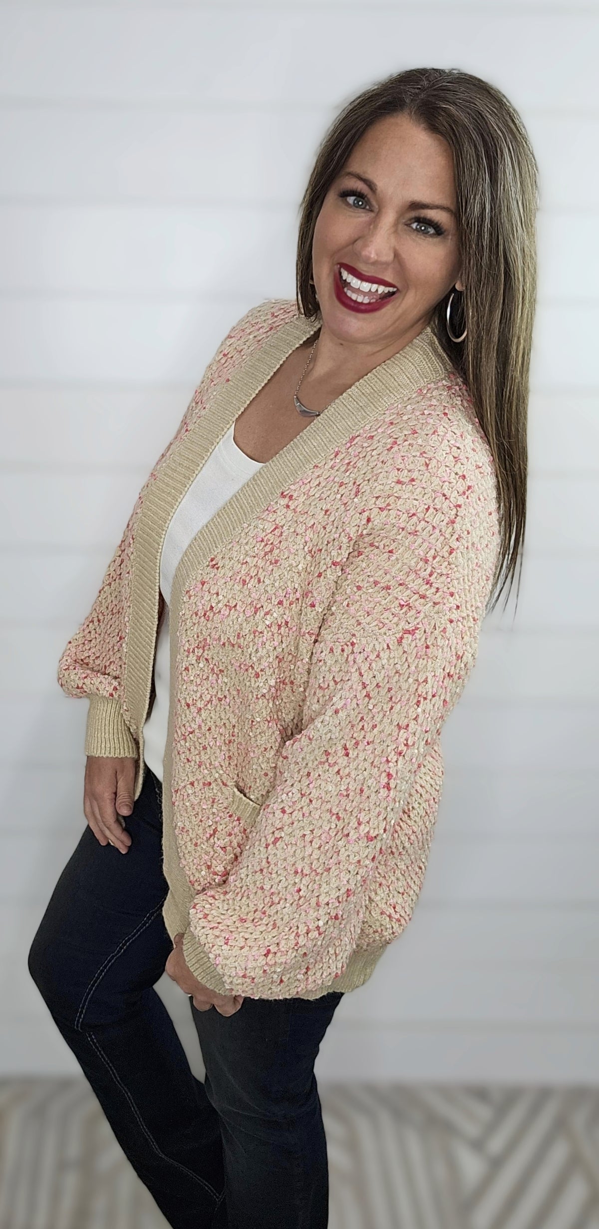 TAUPE/PINK POPCORN OPEN FRONT CARDIGAN