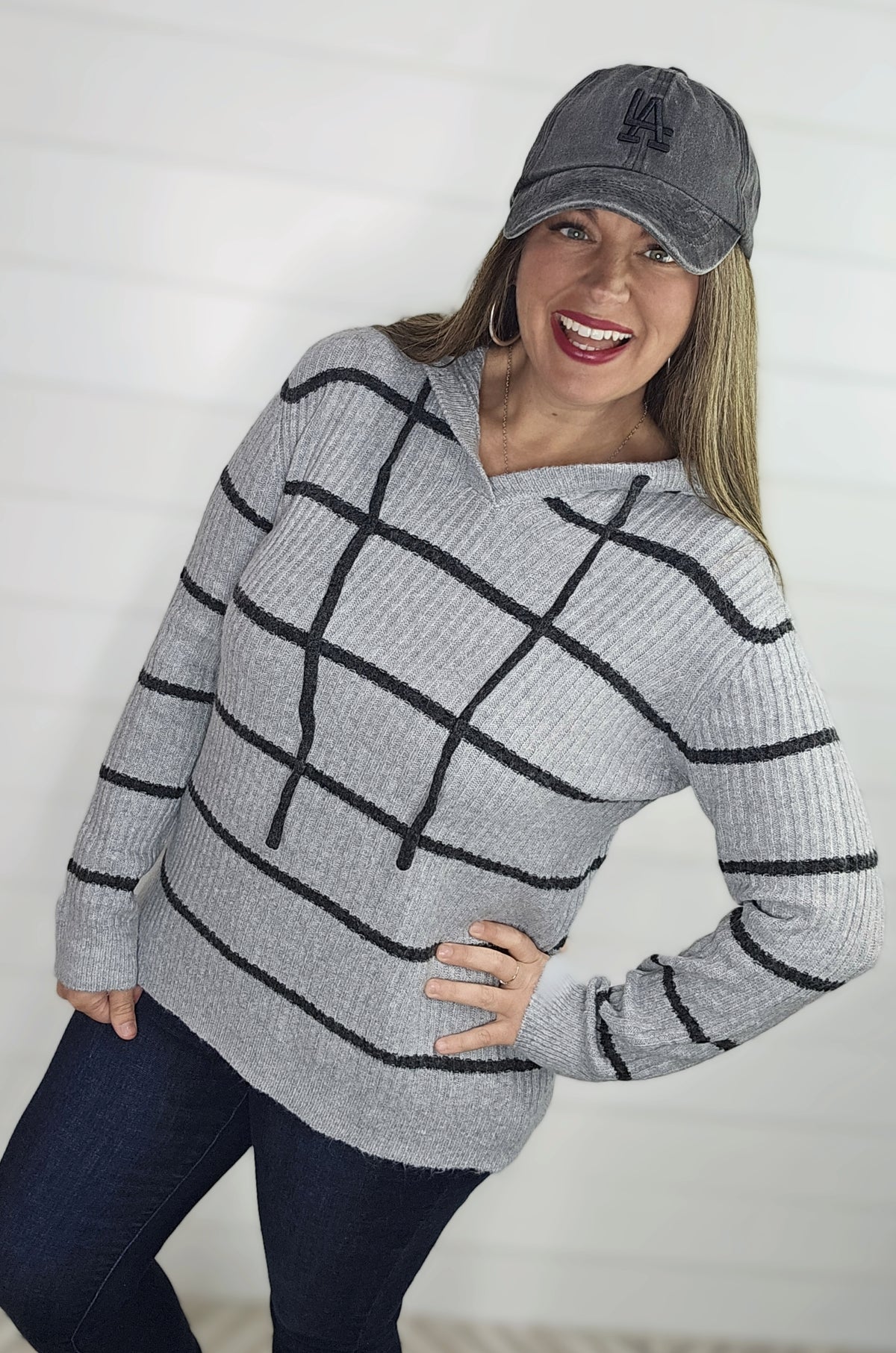 HEATHER GREY HOODED RIBBED STRIPED SWEATER PULLOVER