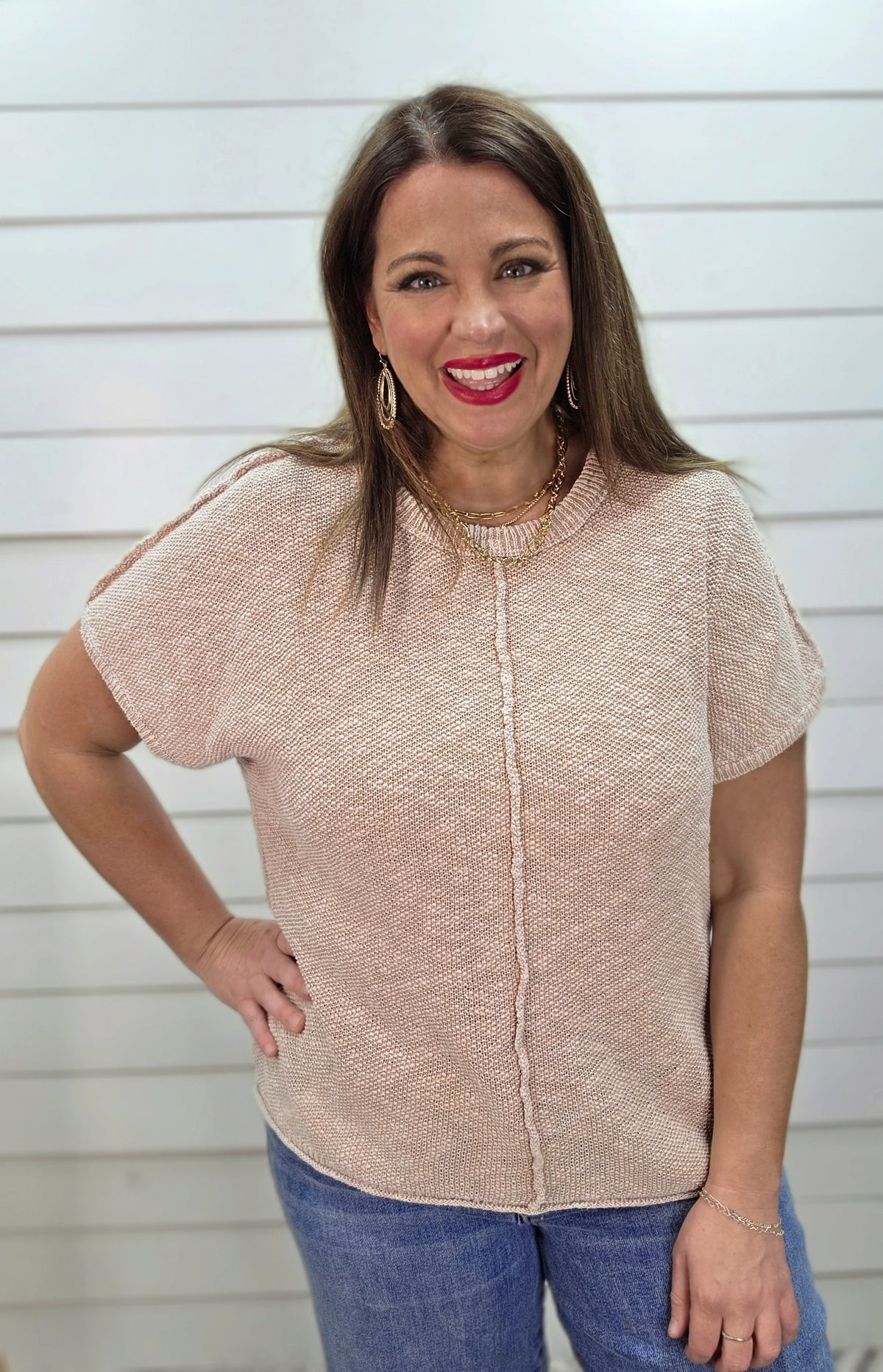 BEIGE MINERAL WASH SHORT SLEEVE TEXTURED LOOSE FIT SWEATER