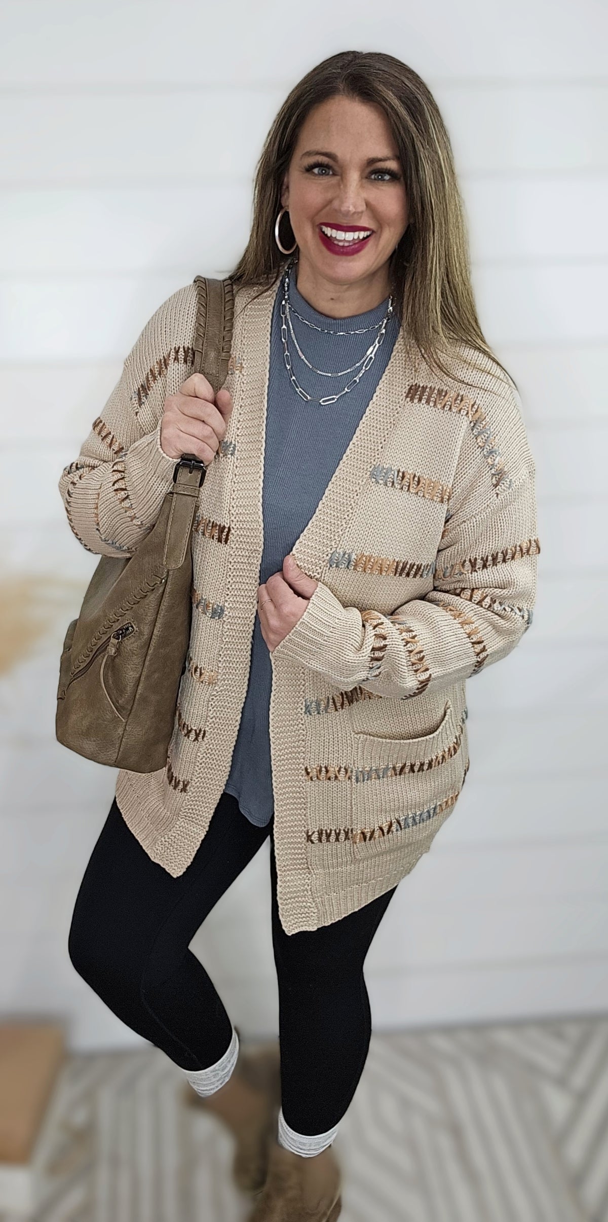 TAUPE MULTI COLOR STRIPED OPEN FRONT CARDIGAN