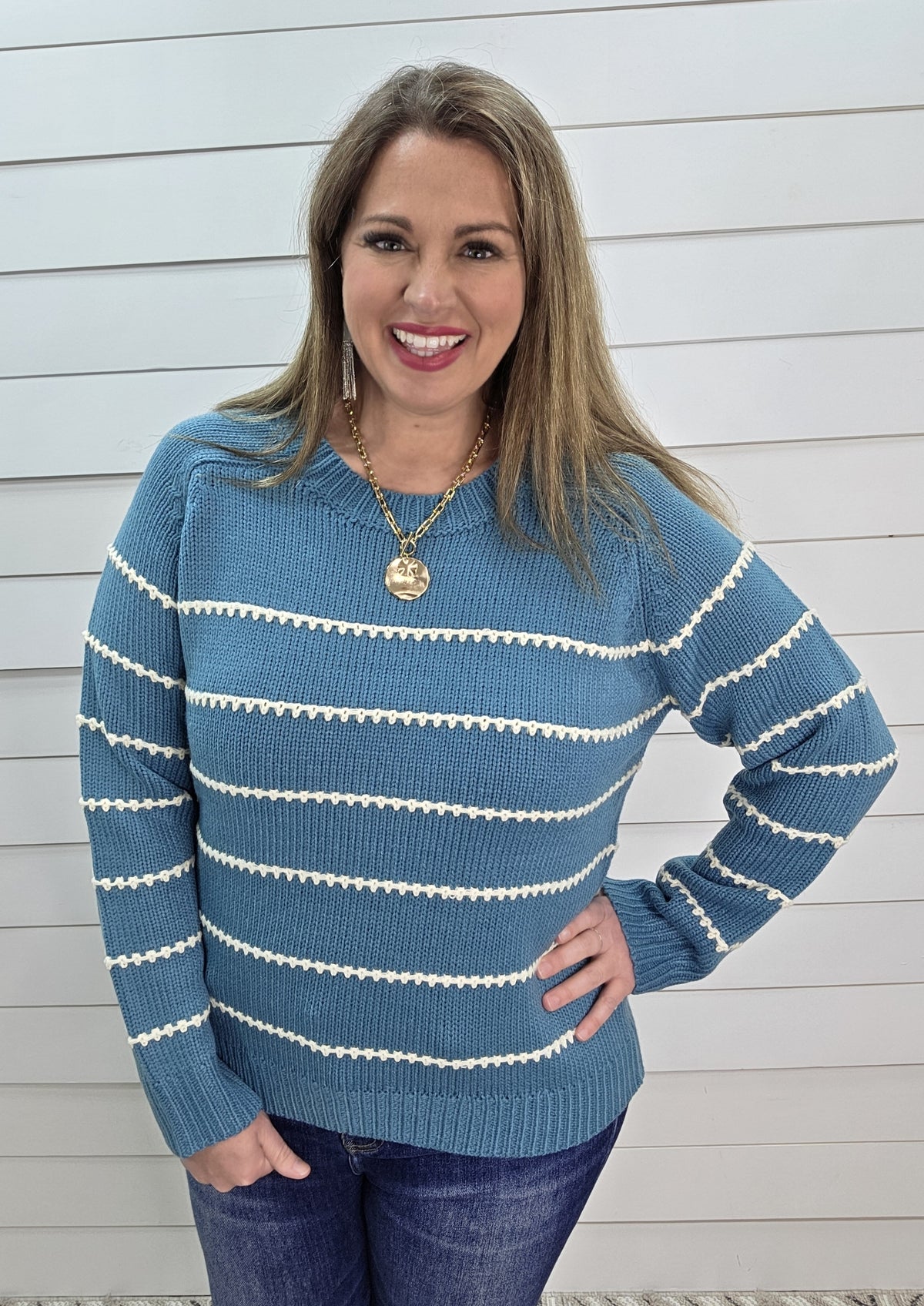 TEAL BLANKET STITCH STRIPED CREW NECK PULLOVER SWEATER