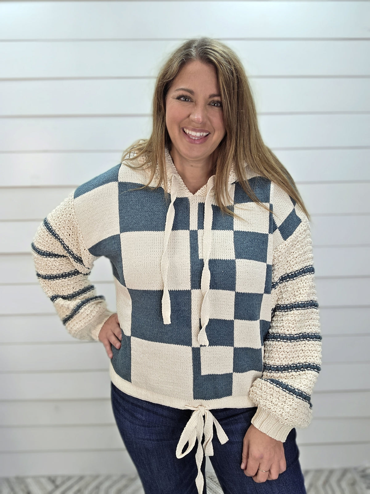 Ivory & OLIVER Checkered Contrast Oversized Hooded Sweater