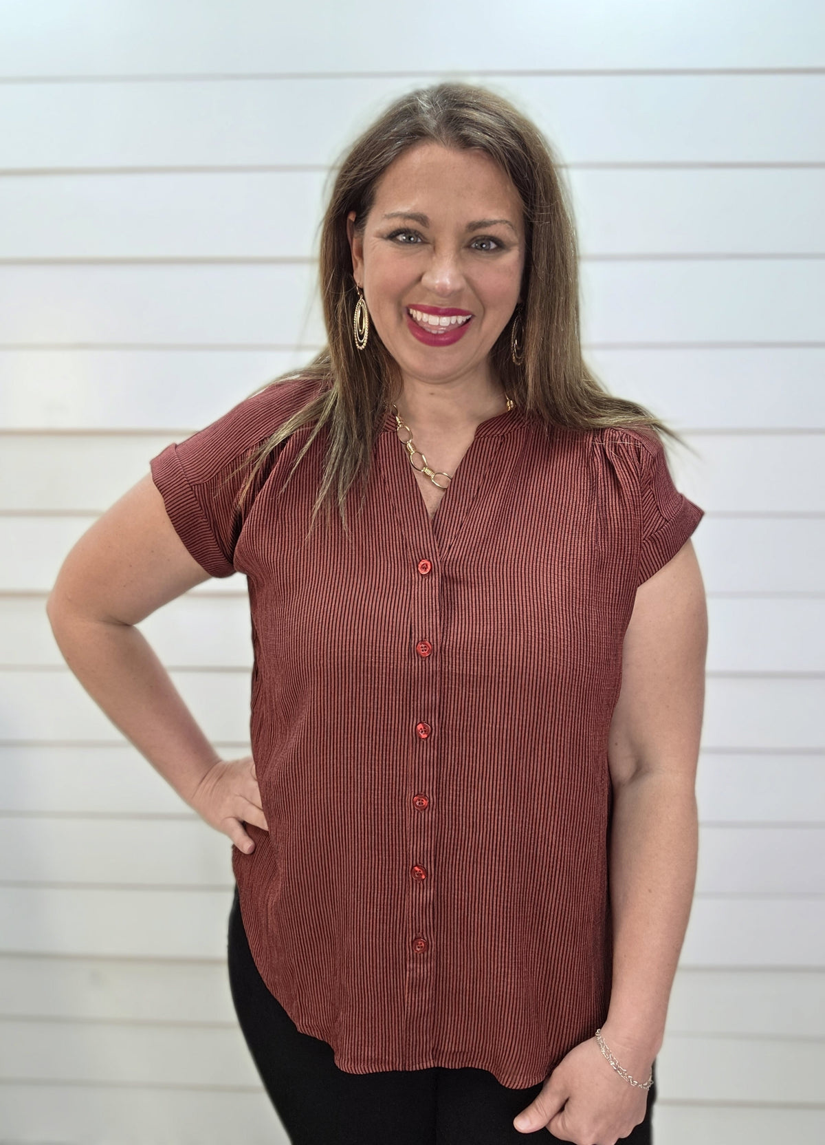 BURGUNDY PIN STRIPED BUTTON DOWN WOVEN TOP