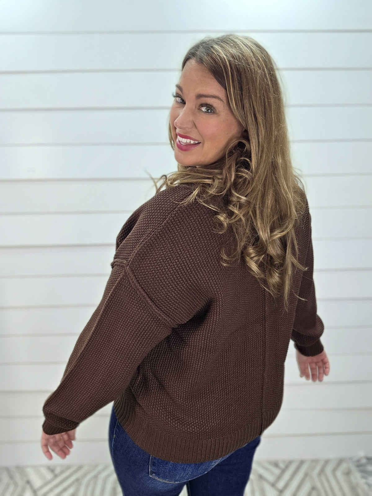 DARK BROWN WAFFLE TEXTURE V NECK SWEATER/CARDIGAN