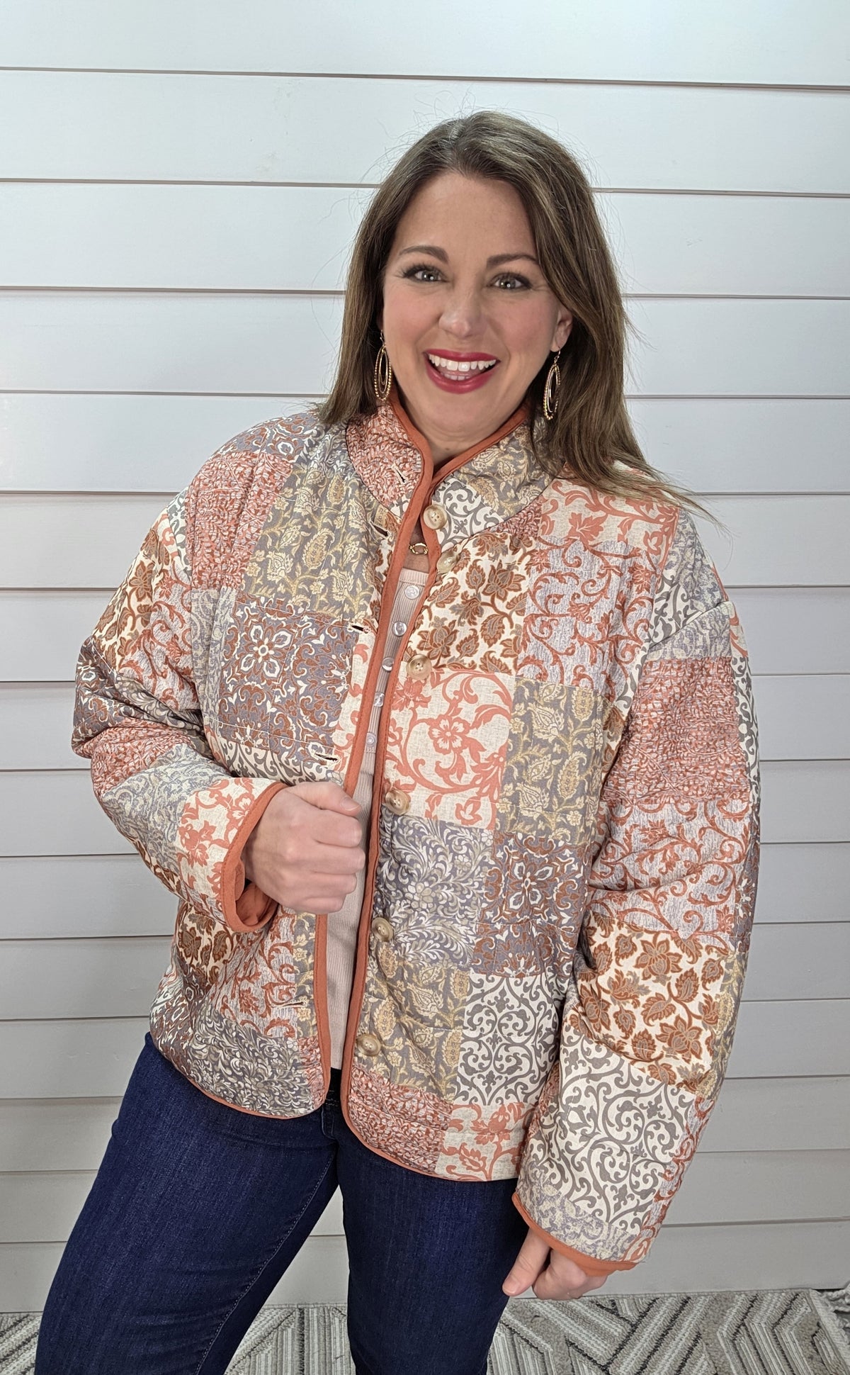 DK MAUVE/SAGE/GREY PATCHWORK QUILTED BUTTON UP JACKET