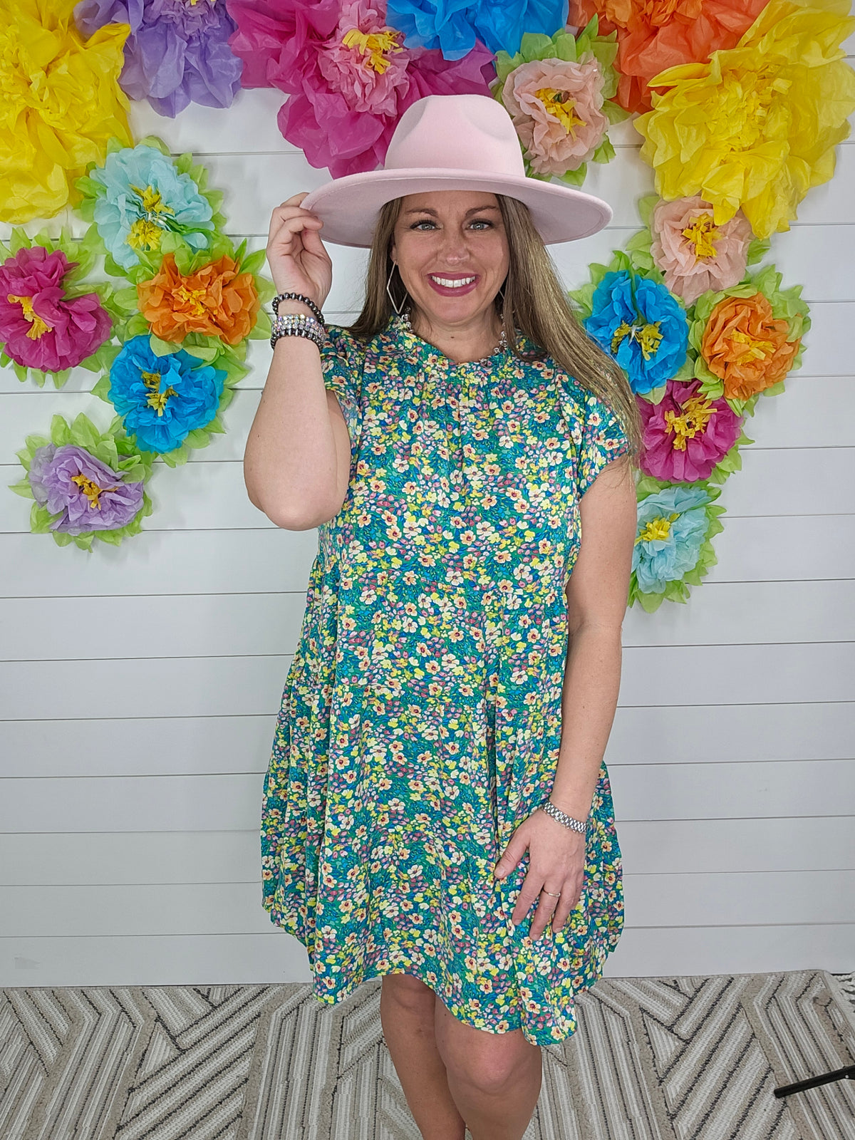 GREEN/YELLOW FLORAL TIERED DRESS
