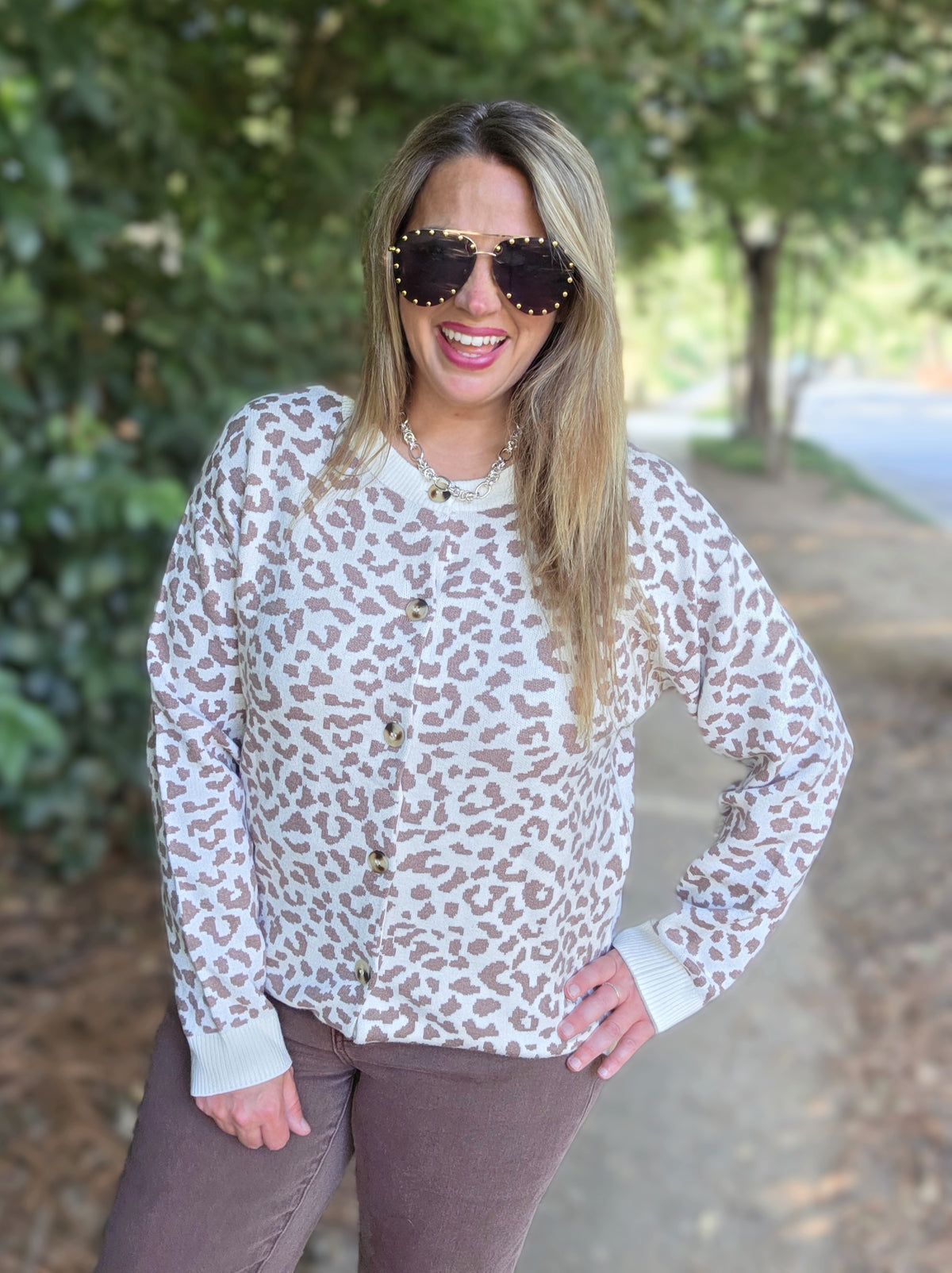 BROWN/CREAM ANIMAL PRINT BUTTON DOWN SWEATER CARDIGAN