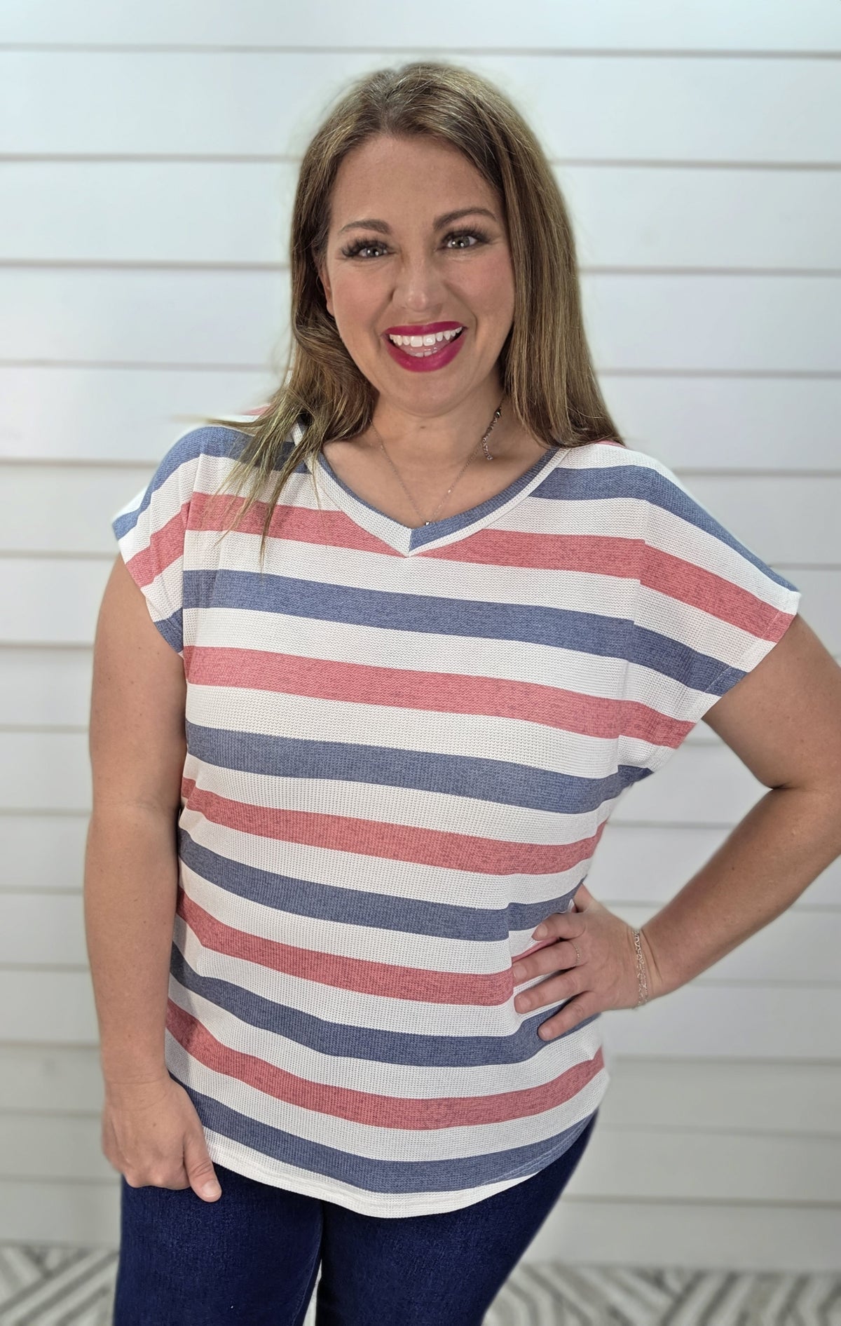 RED/NAVY STRIPED V NECK KNIT TOP