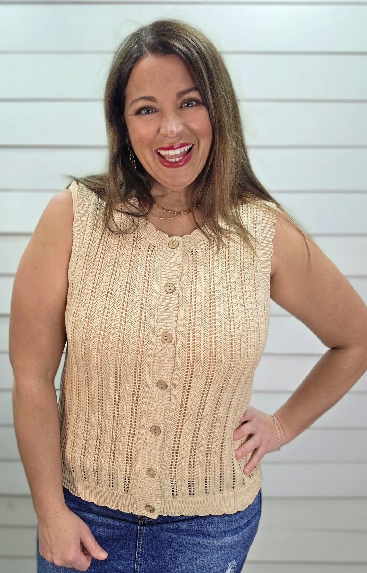 NATURAL CROCHET BUTTON DOWN SLEEVELESS SCALLOPED SWEATER