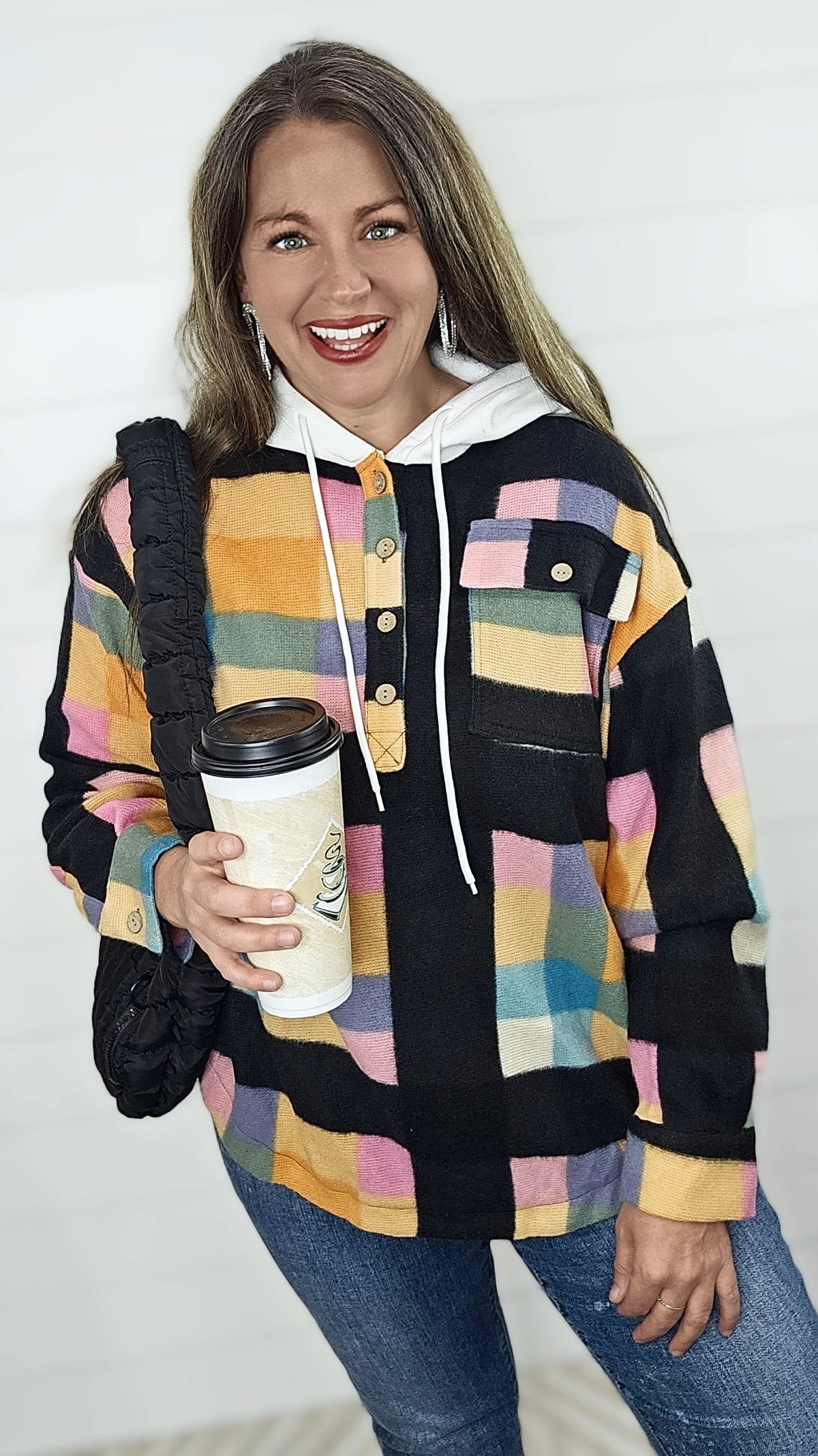 MULTI COLOR CHECK FLEECE SOFT HOODED TOP