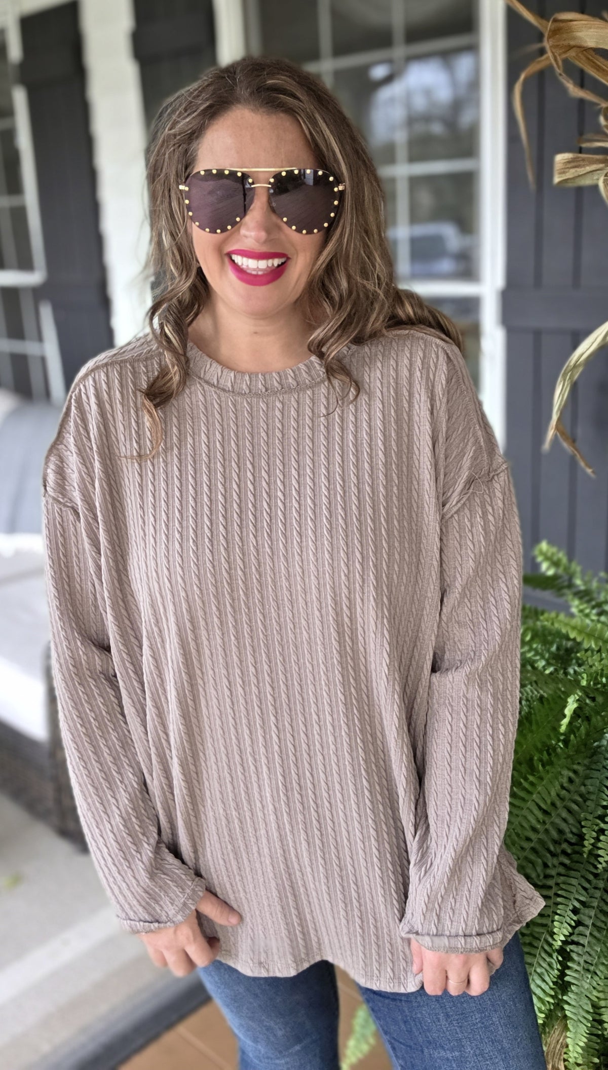 LT BROWN TEXTURED CREW NECK KNIT TOP