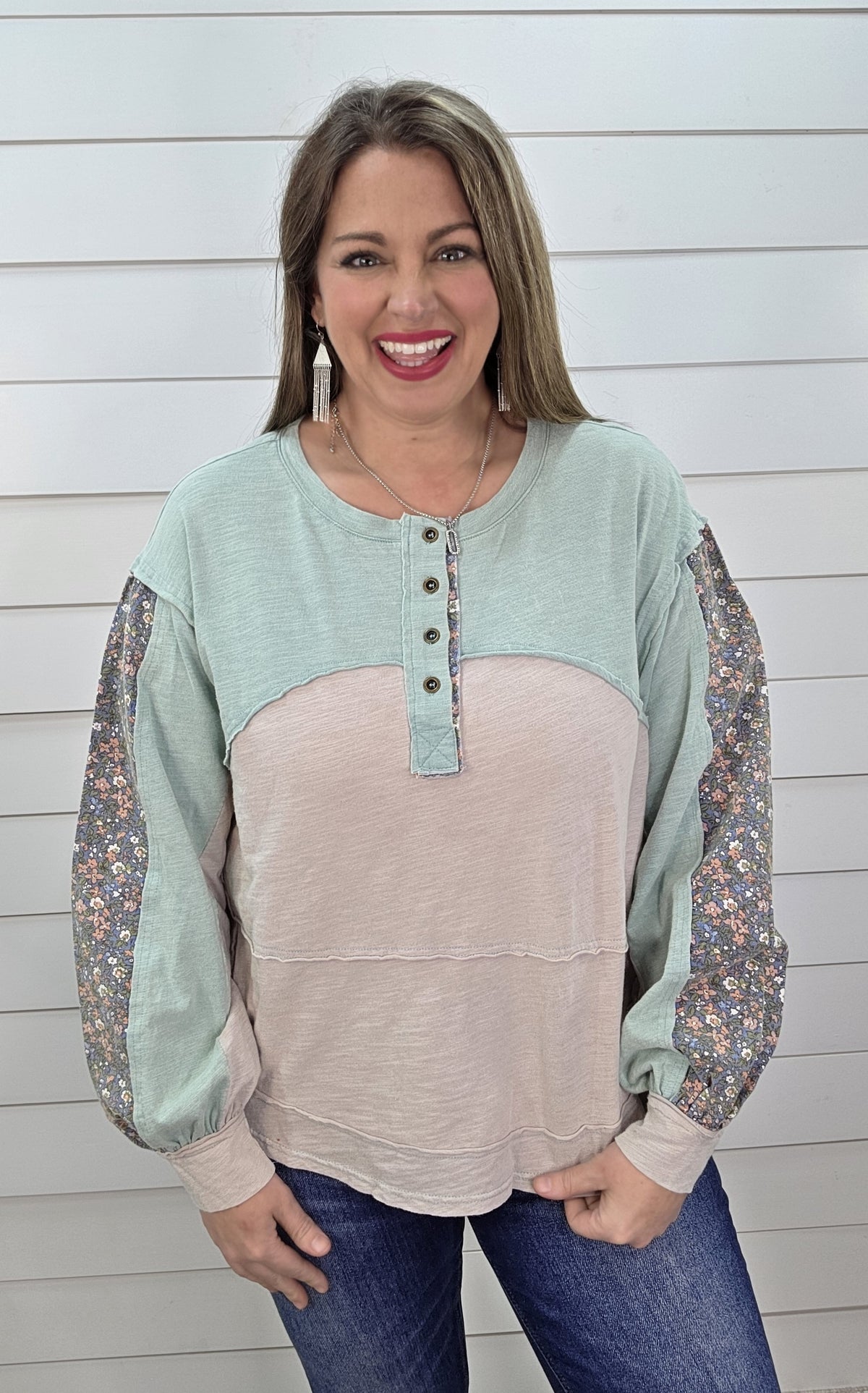 MINT/GREY FLORAL CONTAST OVERSIZED KNIT TOP