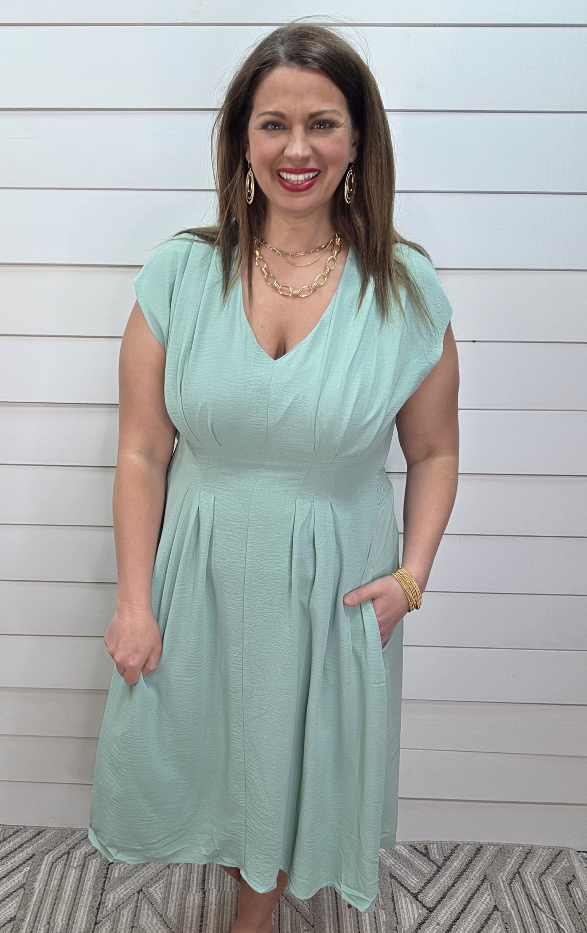 SAGE V NECK PLEATED ELASTIC WAIST DRESS