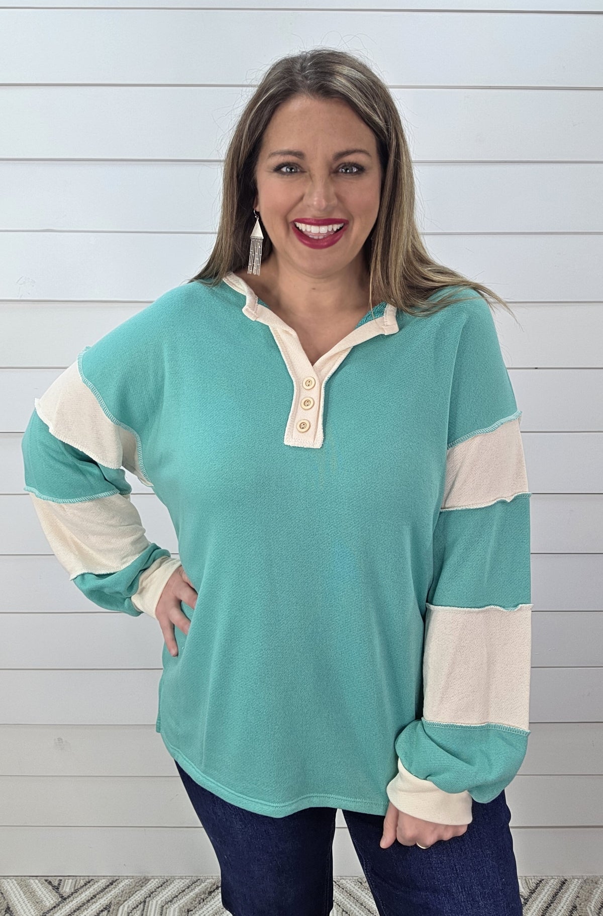 JADE FRENCH TERRY COLORBLOCK BUTTON TRIM KNIT TOP