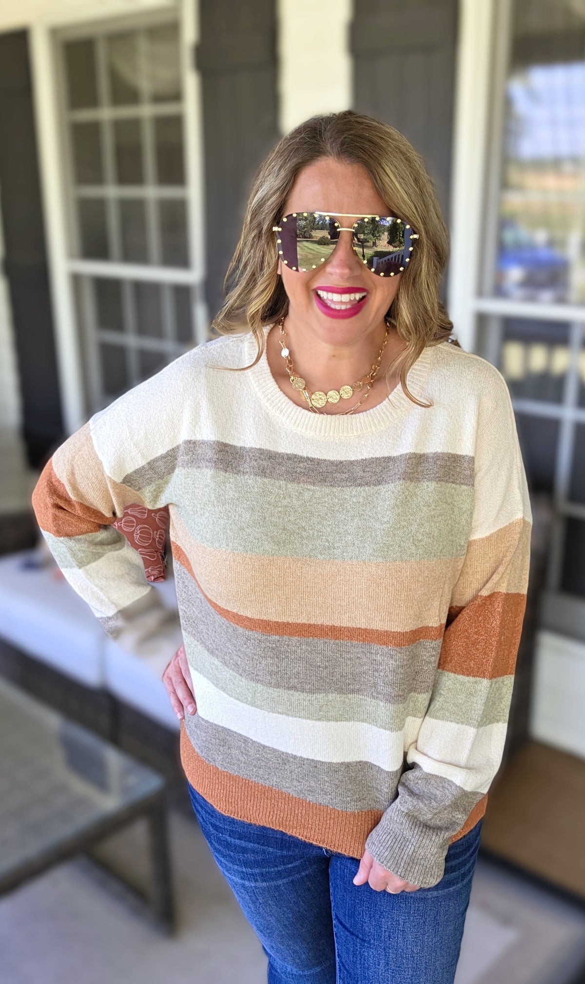 MOCHA/TAUPE/RUST COLORBLOCK KNIT LIGHT WEIGHT SWEATER