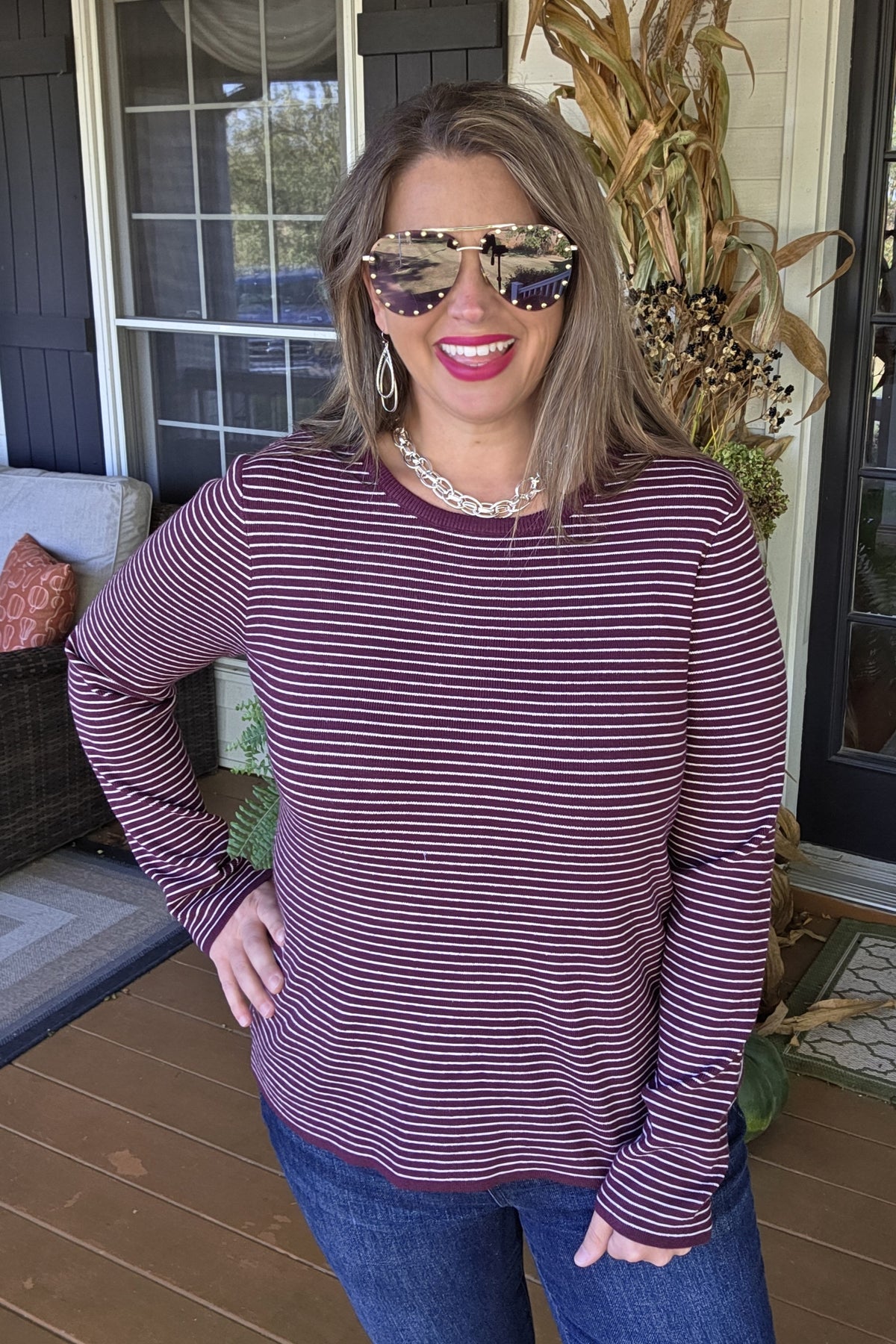 DARK PLUM PINSTRIPED PULLOVER SWEATER