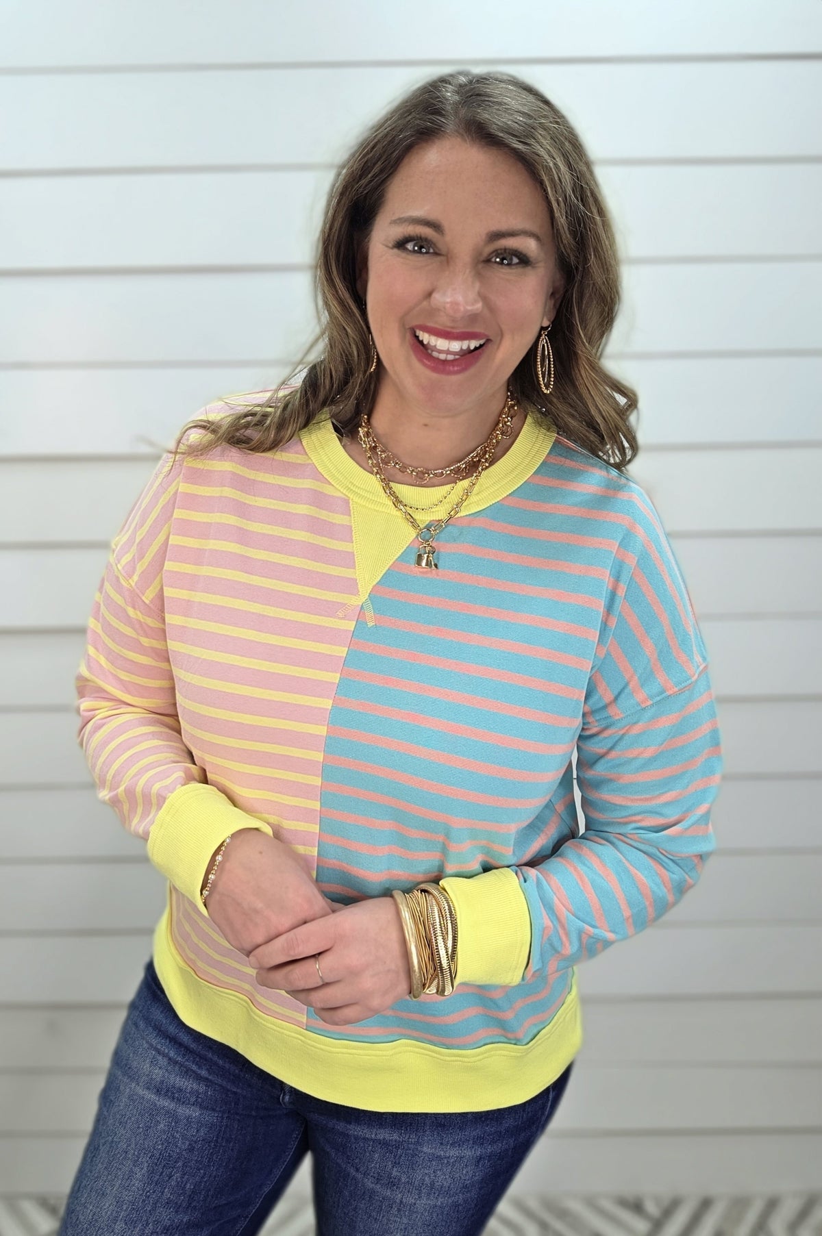 PINK/LEMON/BLUE STRIPED CONTRAST FRENCH TERRY COLORBLOCK WITH CENTER SEAM