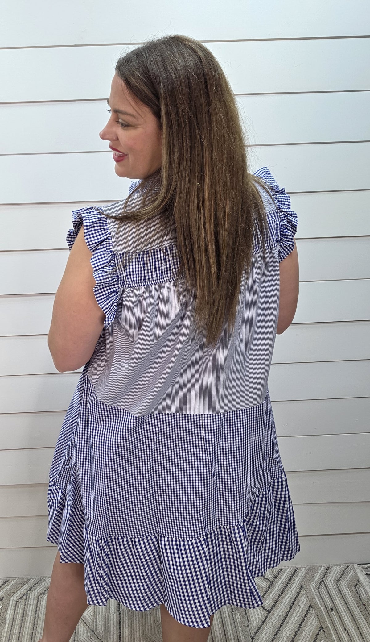 BLUE STRIPED/GINGHAM BUTTON DOWN DRESS