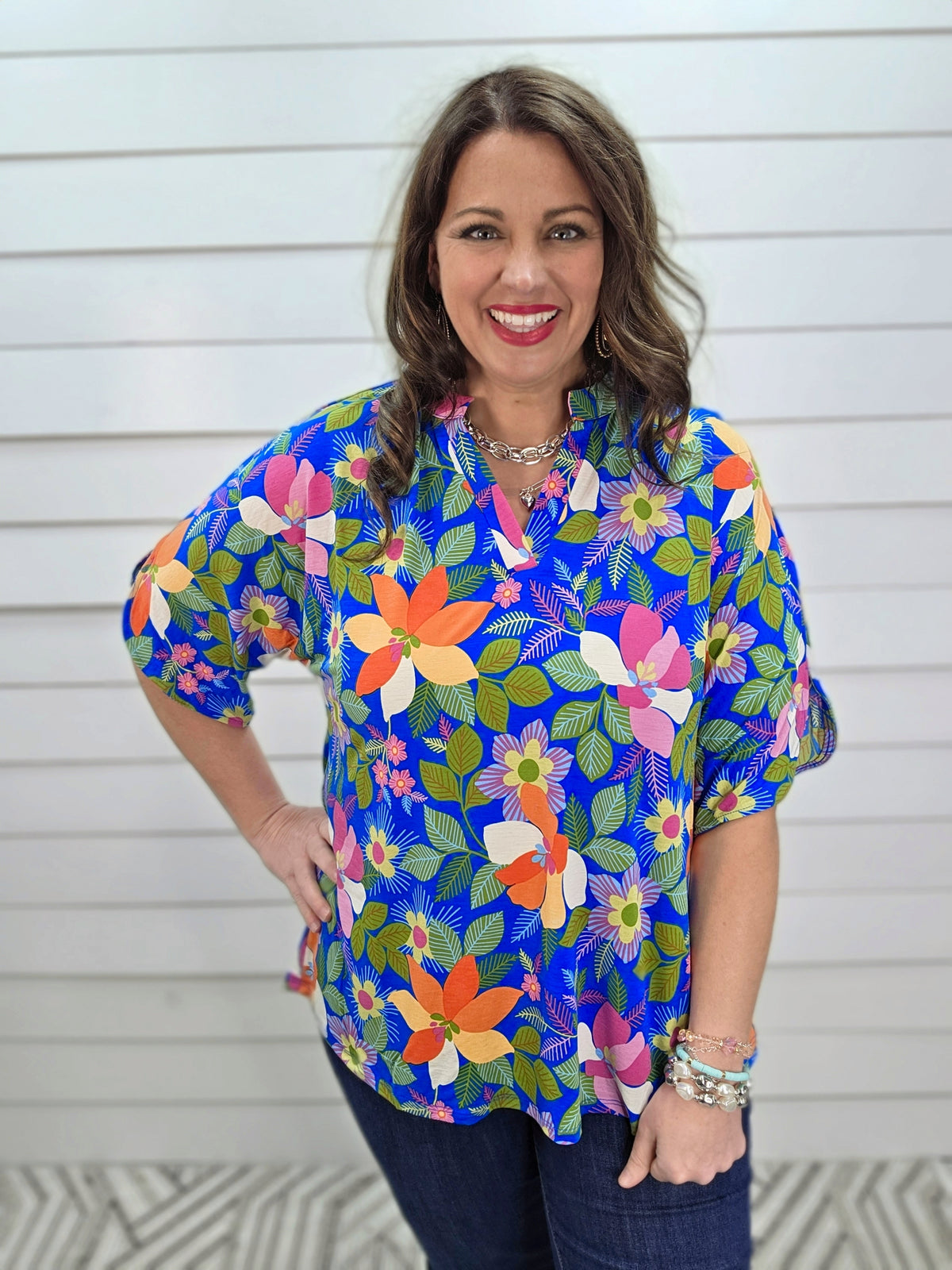 DEAR SCARLETT BREEZE SPLIT SLEEVE TOP - ROYAL BLUE MULTI COLOR PRINTED