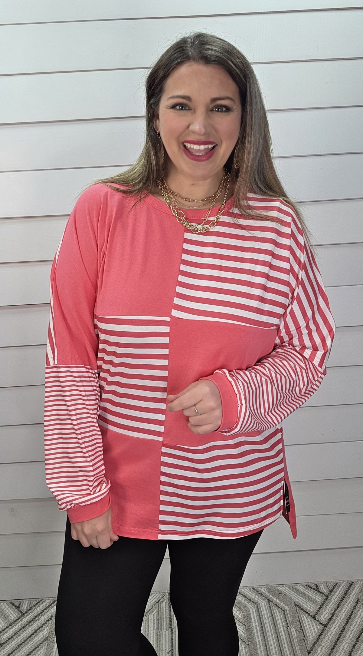 PINK BLOCK STRIPED DROP SHOULDER LONG SLEEVE OVERSIZED TOP