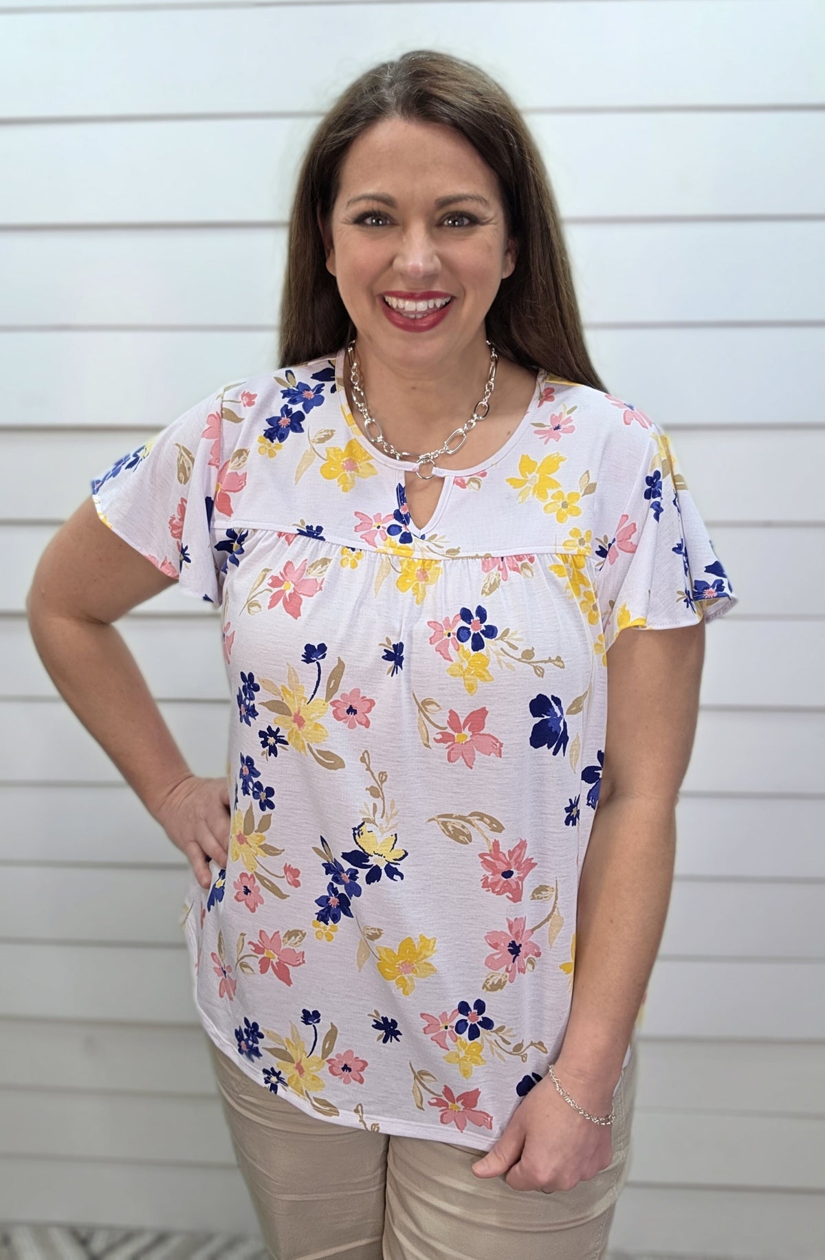 WHITE BLUE/YELLOW FLORAL KNIT TOP W/ KEYHOLE