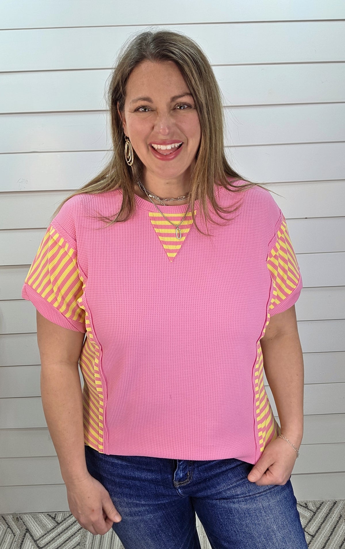 PINK WAFFLE TEXTURE TOP W/ YELLOW STRIPED CONTRAST