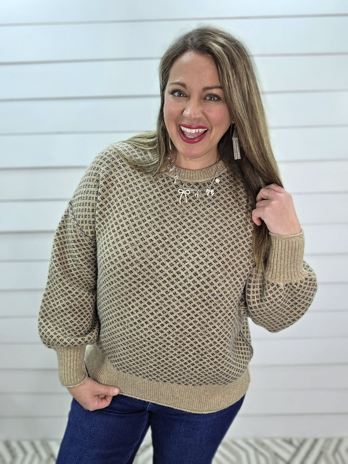 KHAKI MINI JACQUARD CREW NECK LONG SLEEVE SWEATER