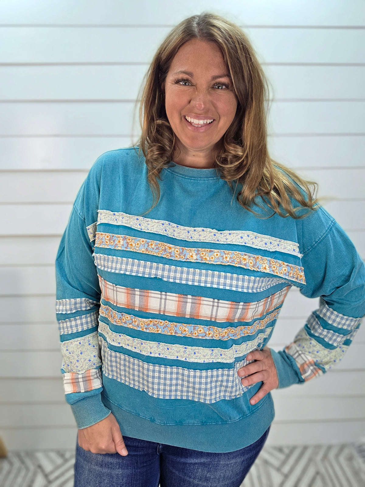 TEAL MINERAL WATCH PATCHWORK COTTON TOP