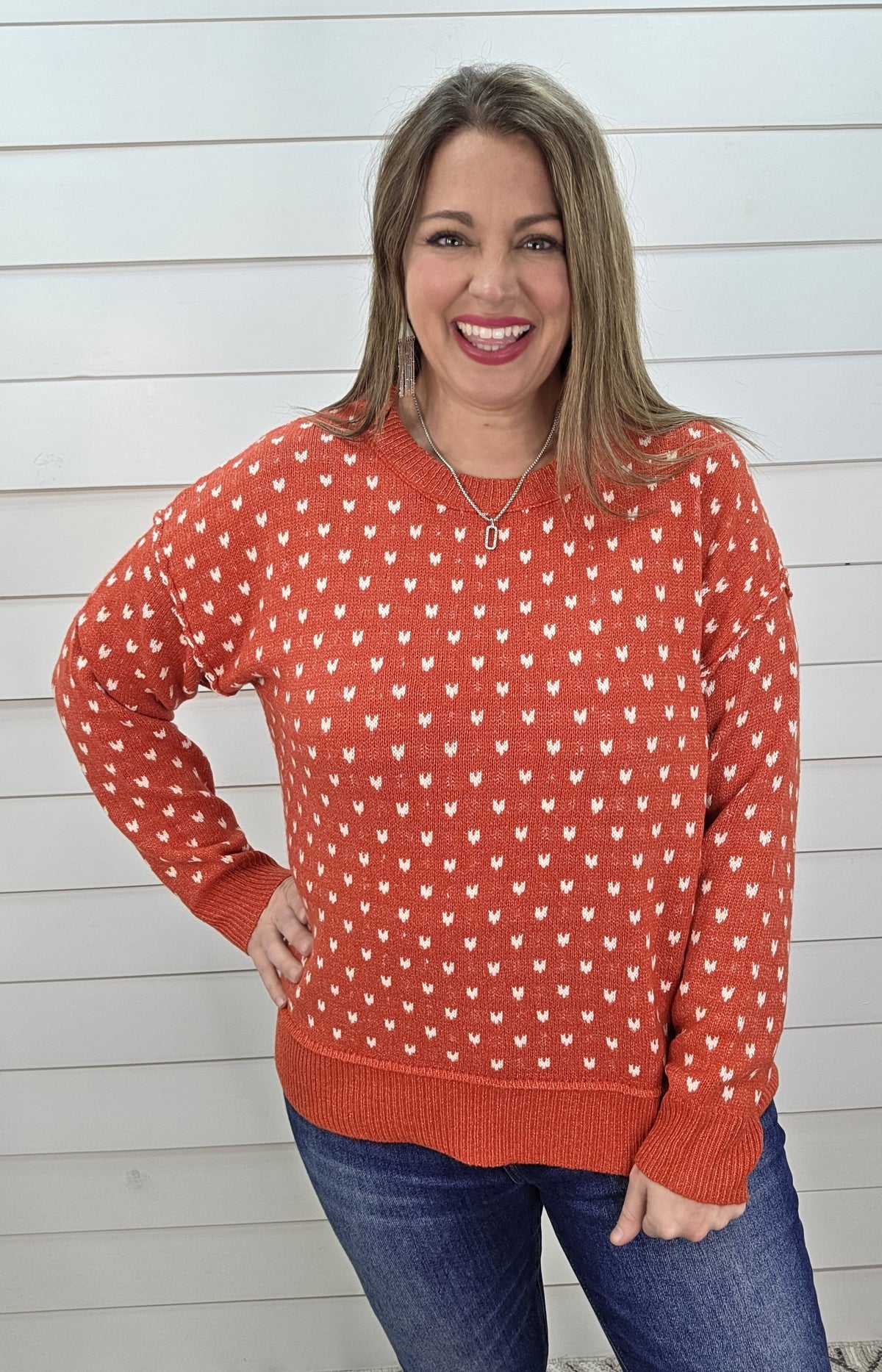 RED PRINTED TEXTURED CREW NECK SWEATER