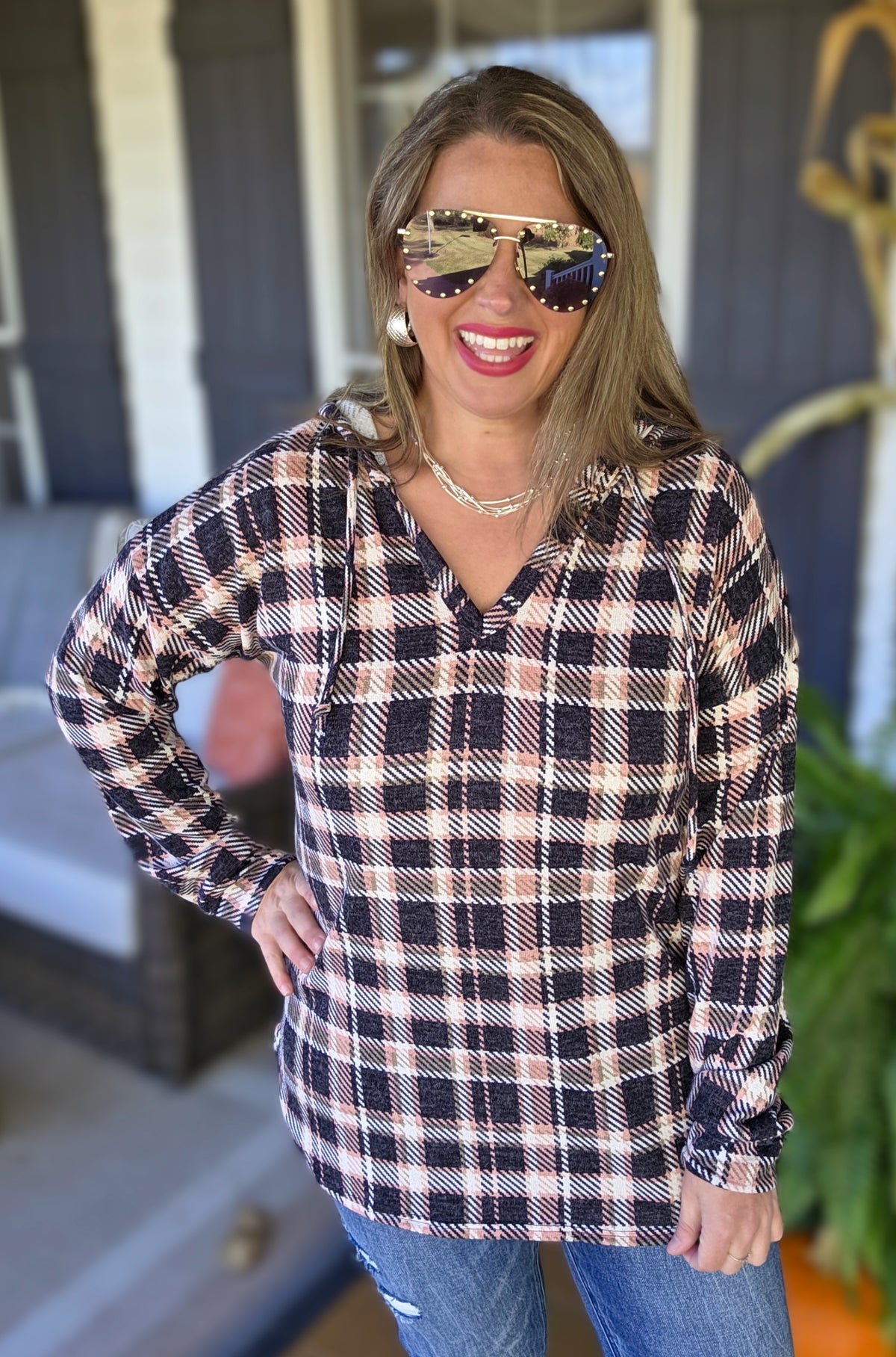 NAVY/ROSE PLAID CHECK FRECH TERRY HOODIE