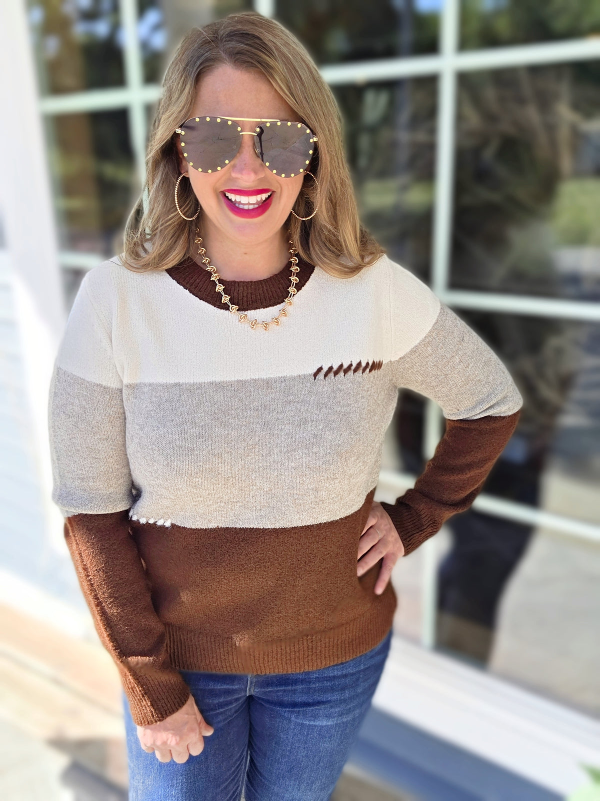 CREAM/GREY/BROWN COLORBLOCK KNIT SWEATER WITH STITCH DETAIL