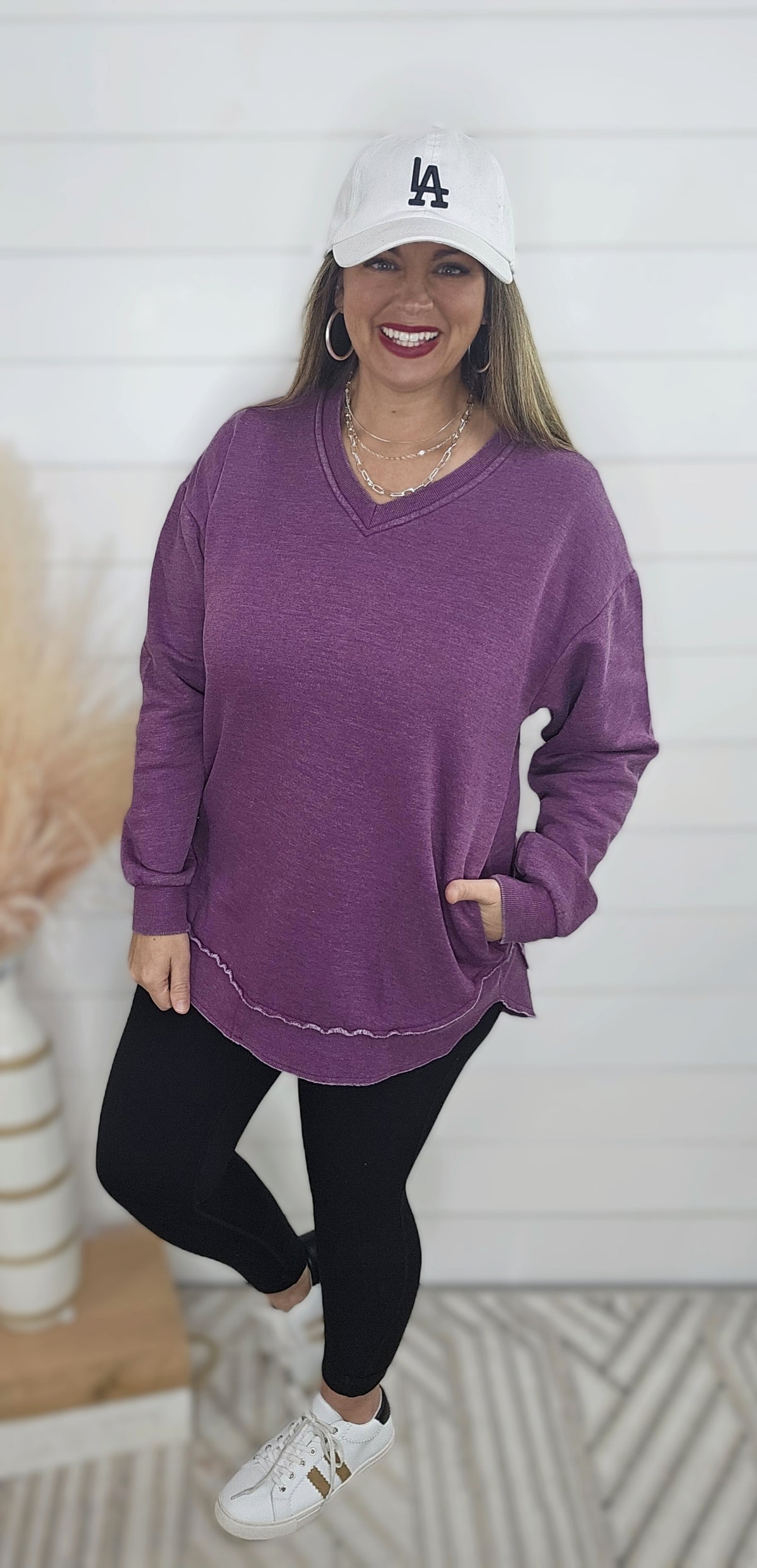 PURPLE NEW BESTIE V NECK CURVED HEM TUNIC