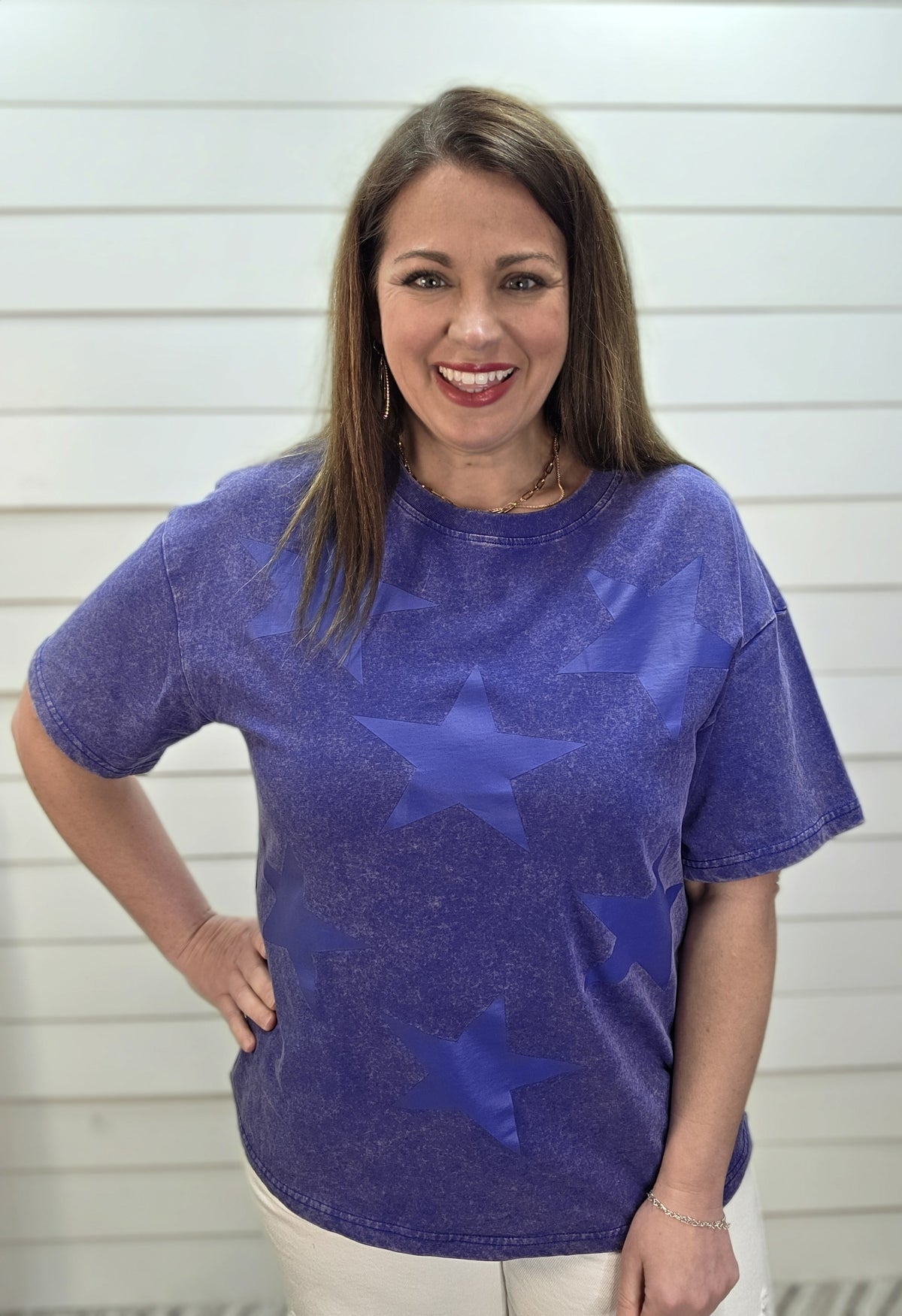 NAVY MINERAL WASH STAR KNIT TOP