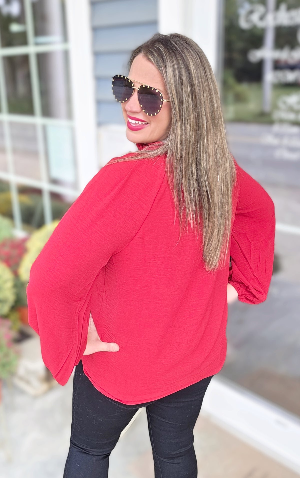 WINE FRILL TRIM LONG SLEEVE BUTTON UP WOVEN BLOUSE