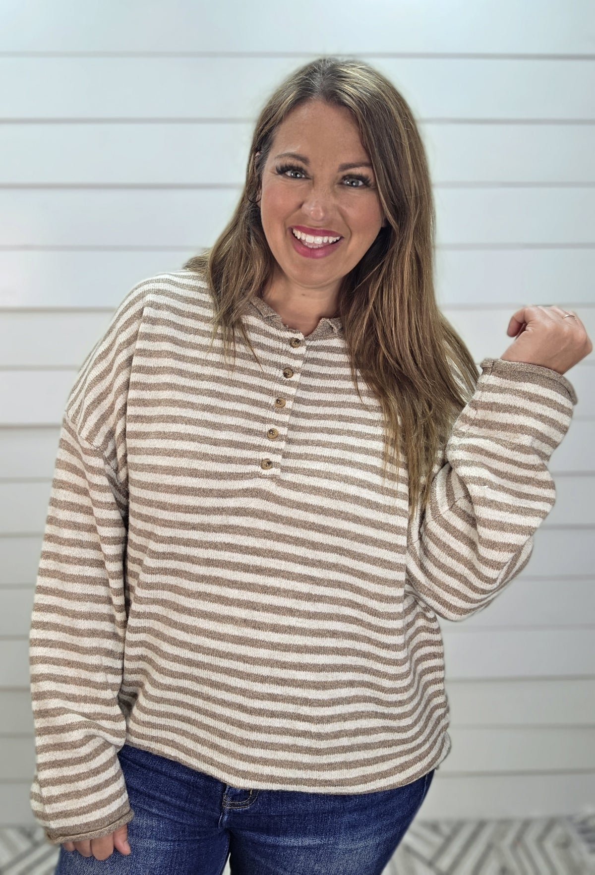 MOCHA Button Henley Stripe Long Sleeve Drop Shoulder Sweater
