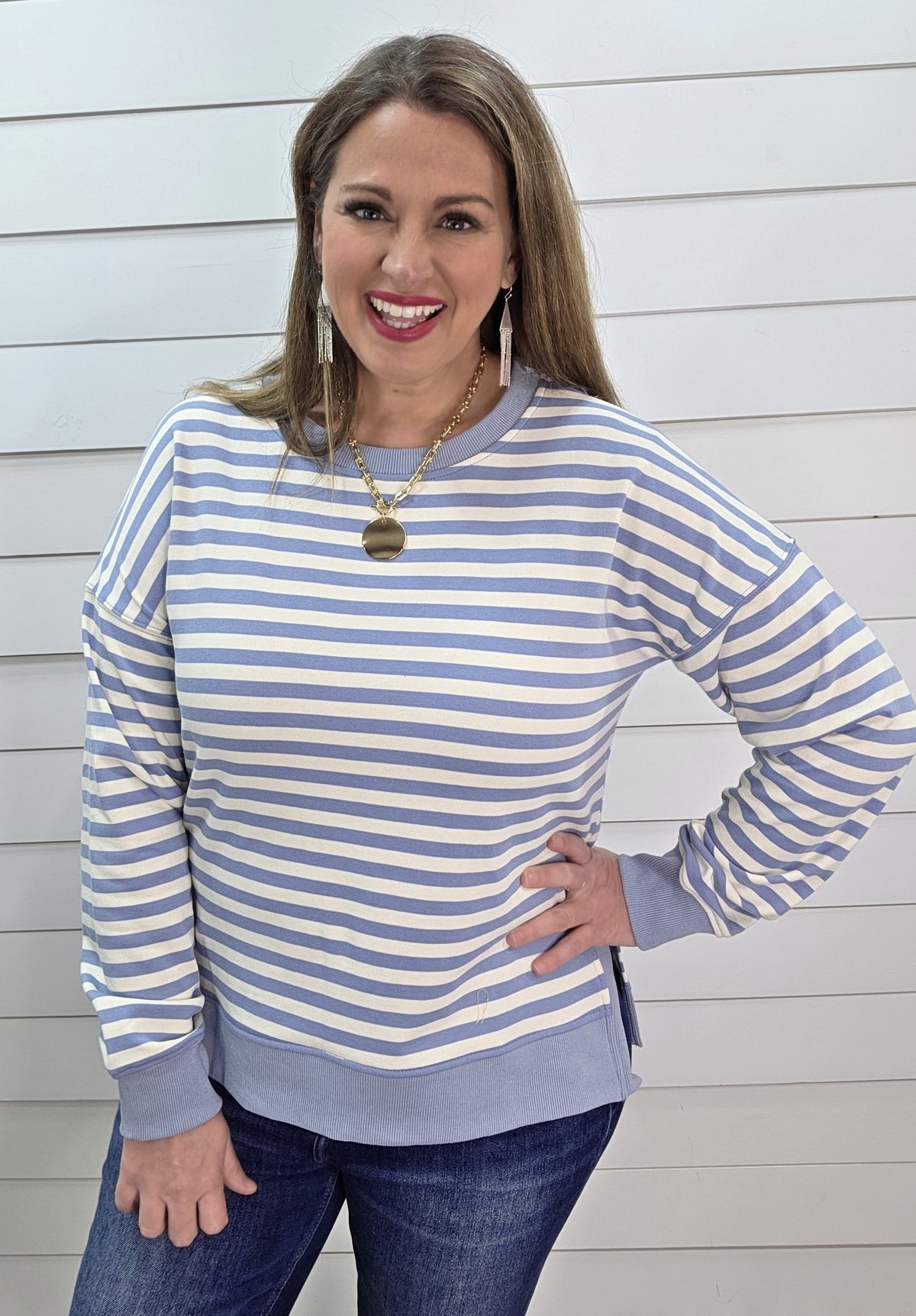 SKY BLUE STRIPED FRENCH TERRY TOP W/ SPLIT SIDES