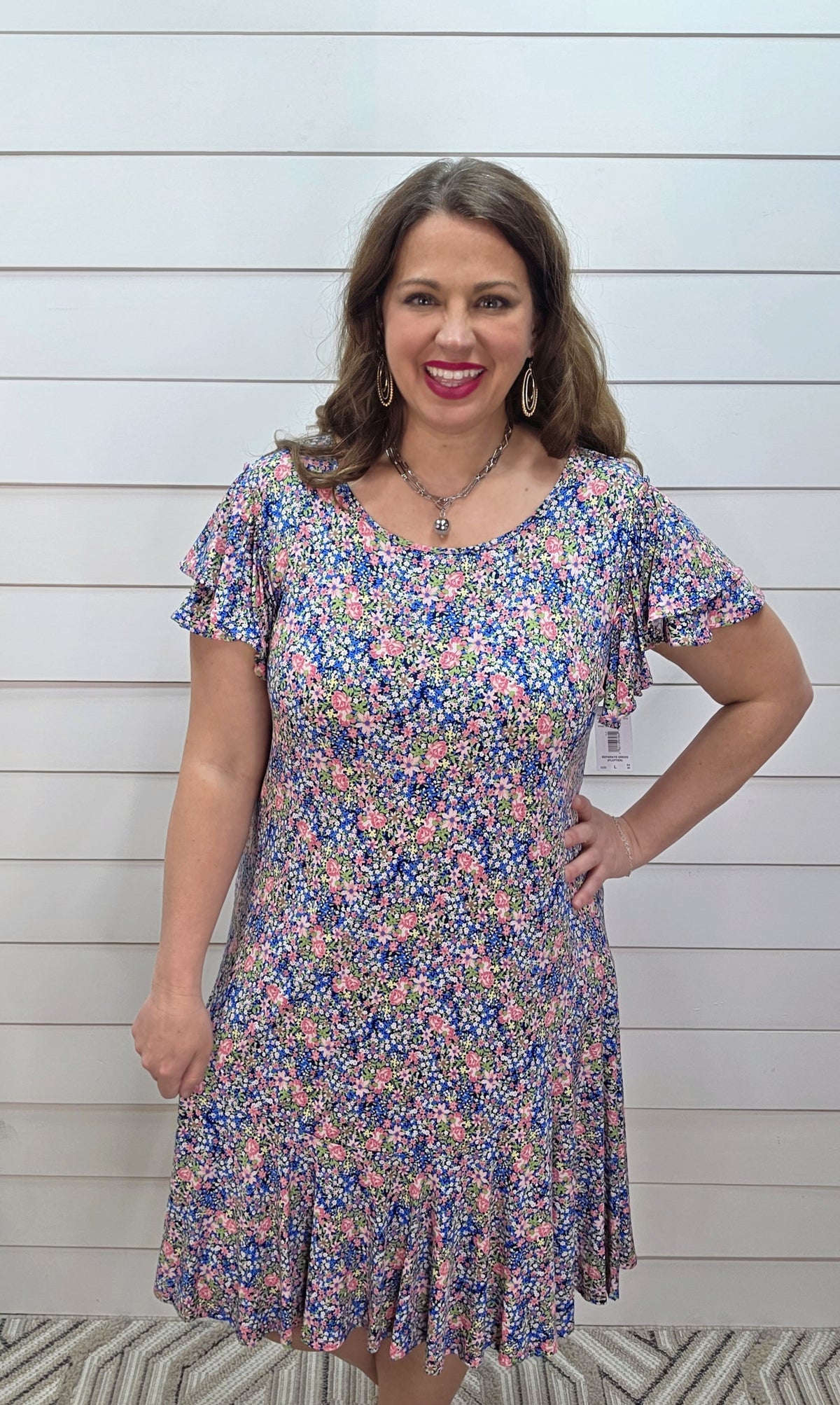 NAVY/PINK PETITE FLORAL DRESS W/ RUFFLE HEM