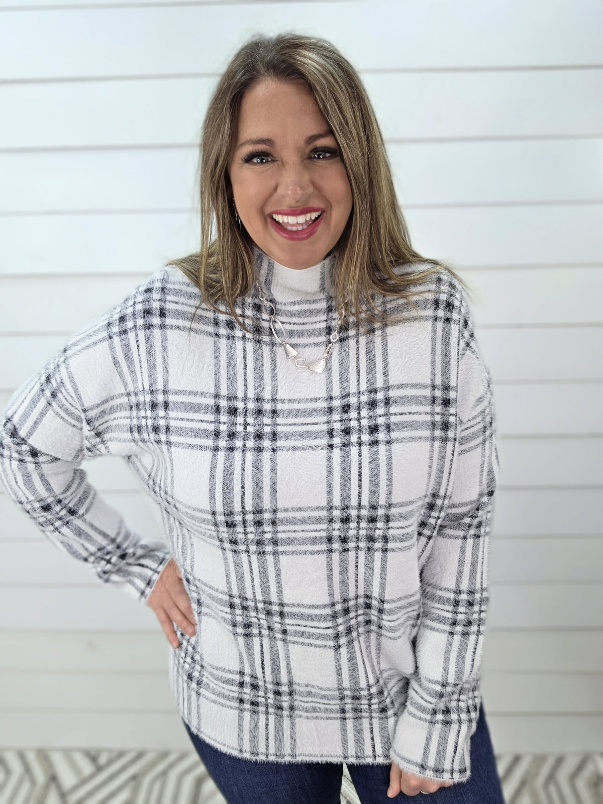 OFF WHITE/BLACK MOCK NECK FUZZY SOFT PLAID CHECK SWEATER