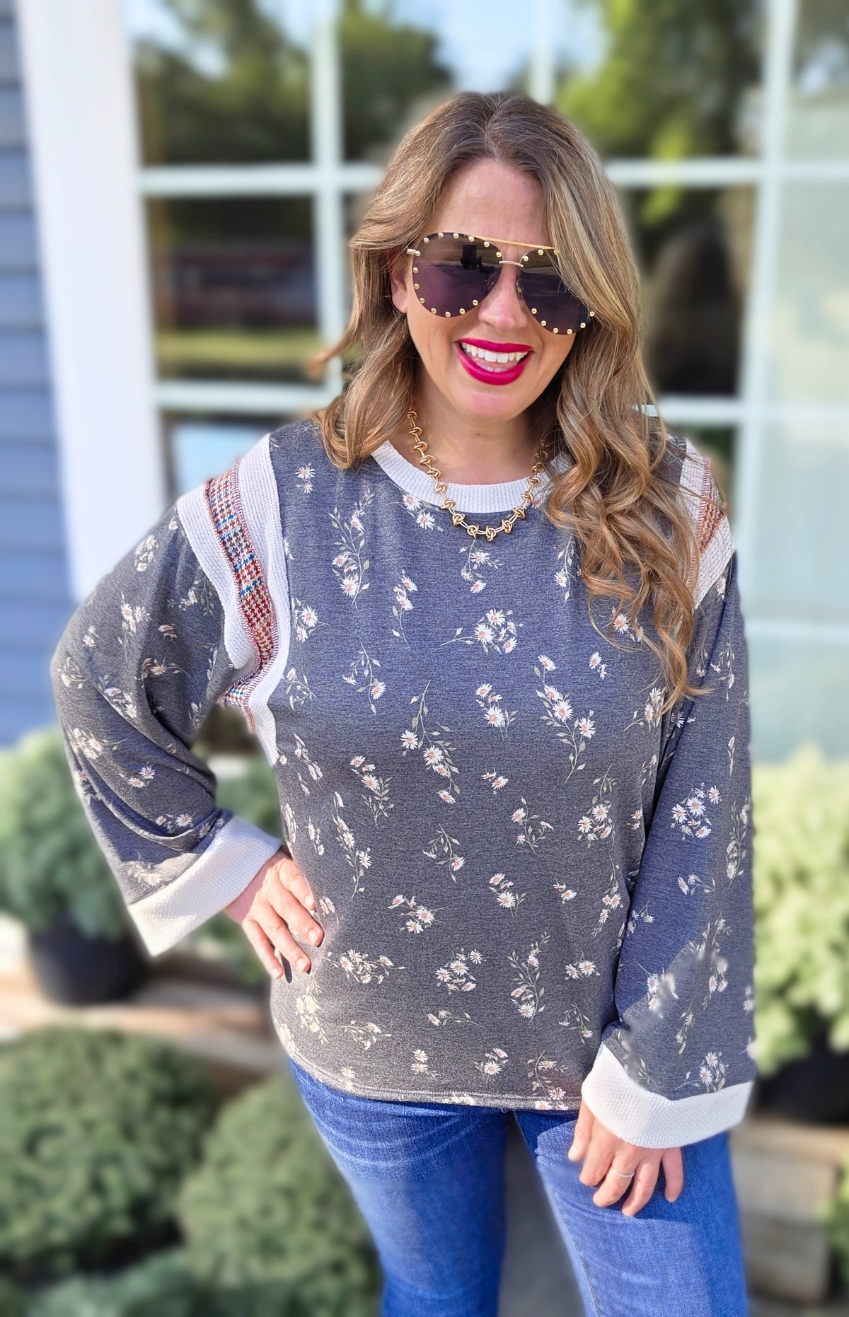 CHARCOAL FLORAL FRENCH TERRY CONTRAST KNIT TOP