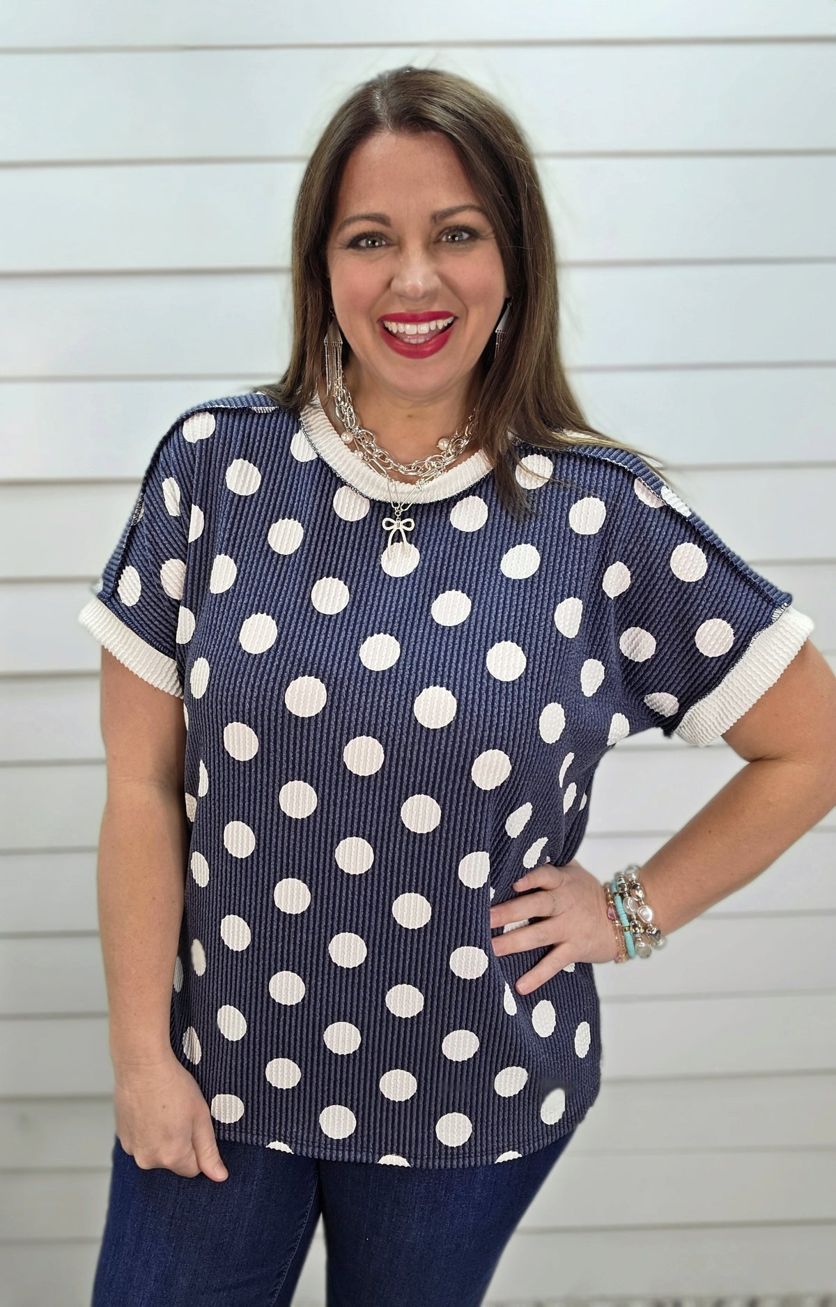 CORNFLOWER POLKA DOT RAISED RIBBED KNIT TOP