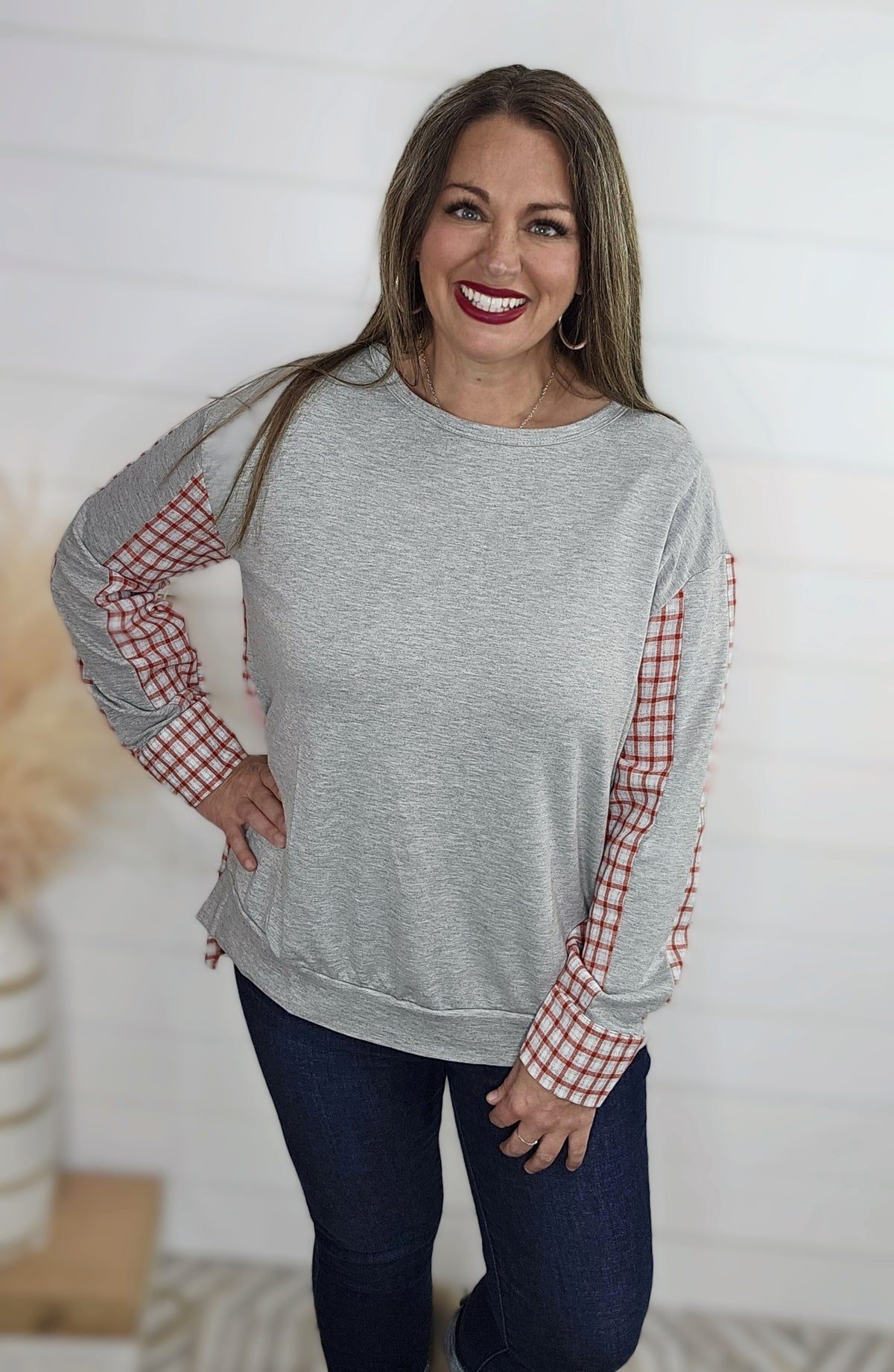 GREY FRENCH TERRY TOP W/ PLAID CONTRAST